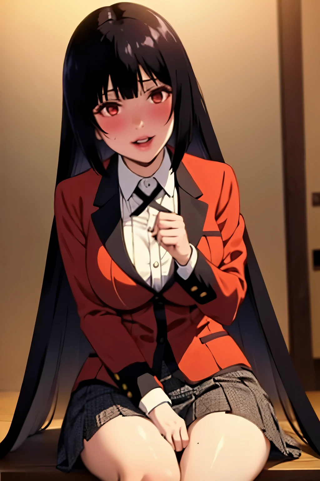 masterpiece, highest quality, High resolution, hmjy1, long hair, dull bangs, school uniform, red jacket, black pantyhose, white shirt, black ribbon, pleated skirt, long sleeve, cowboy shot, shining eyes, blush, evil smile, sitting, classroom, dark background, crossed legs, chocolate, caja de chocolate