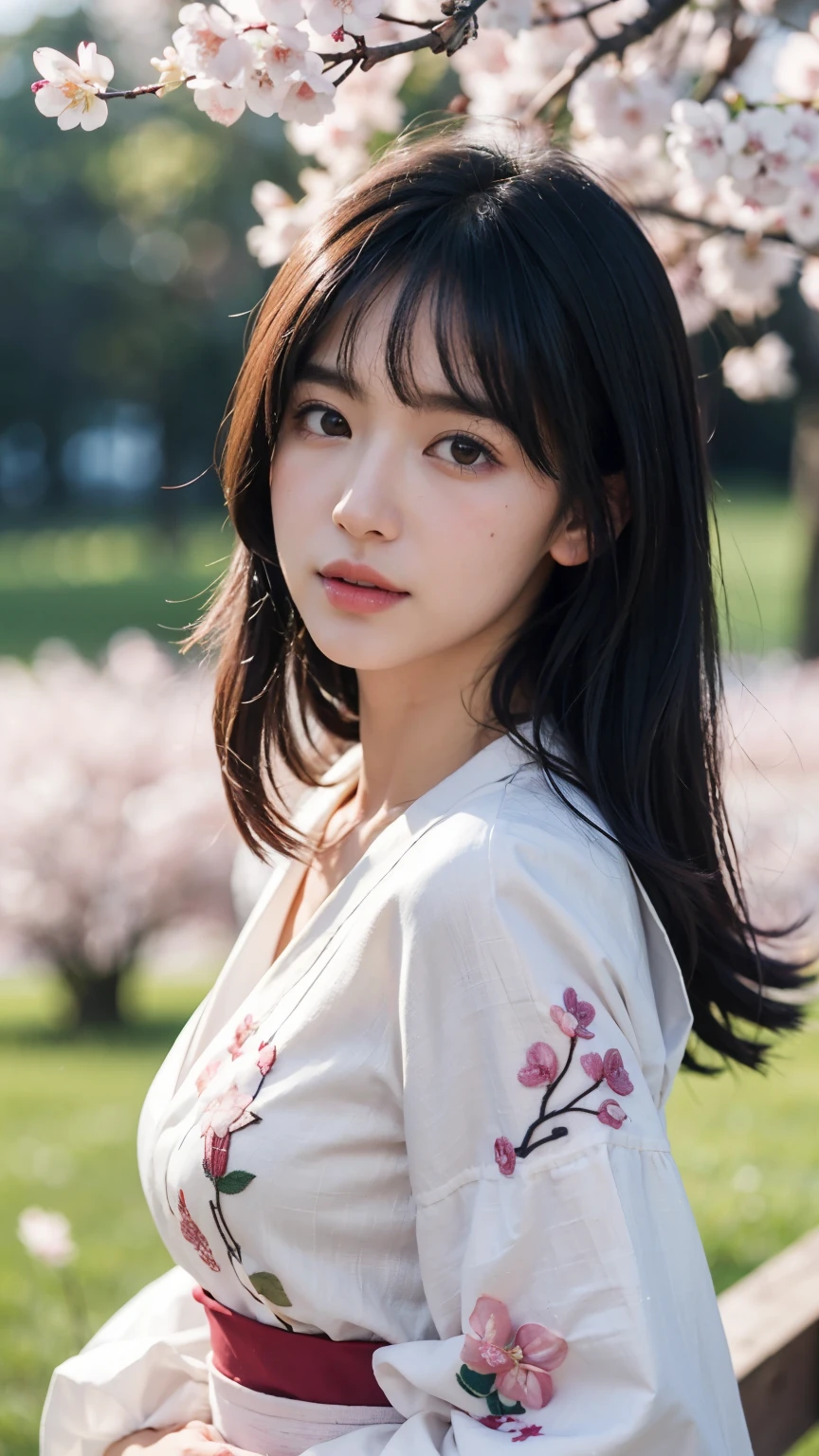 (logo、masterpiece、8k、table top、RAW photo、wonderful、最high quality、Photorealistic and hvery detailed CG integrated 8k wallpaper、high quality、very detailed、Narrative poem、particle effects、dynamic effects、written boundary depth、cinematic light、Lens flare、ray tracing)、fantasy、 (1 beautiful woman、white kimono、Japan Dress、white cherry blossom pattern、White cherry blossom embroidery pattern、black haired、beautiful face、real face、beautiful details eyes beautiful skin)、Hair flutters in Wind、hair bounces、pink cherry tree、petals dance、SakuraFubuki、wonderful景色、sunrise、sun on background、Wind、god々、teeth、god話、vast land、