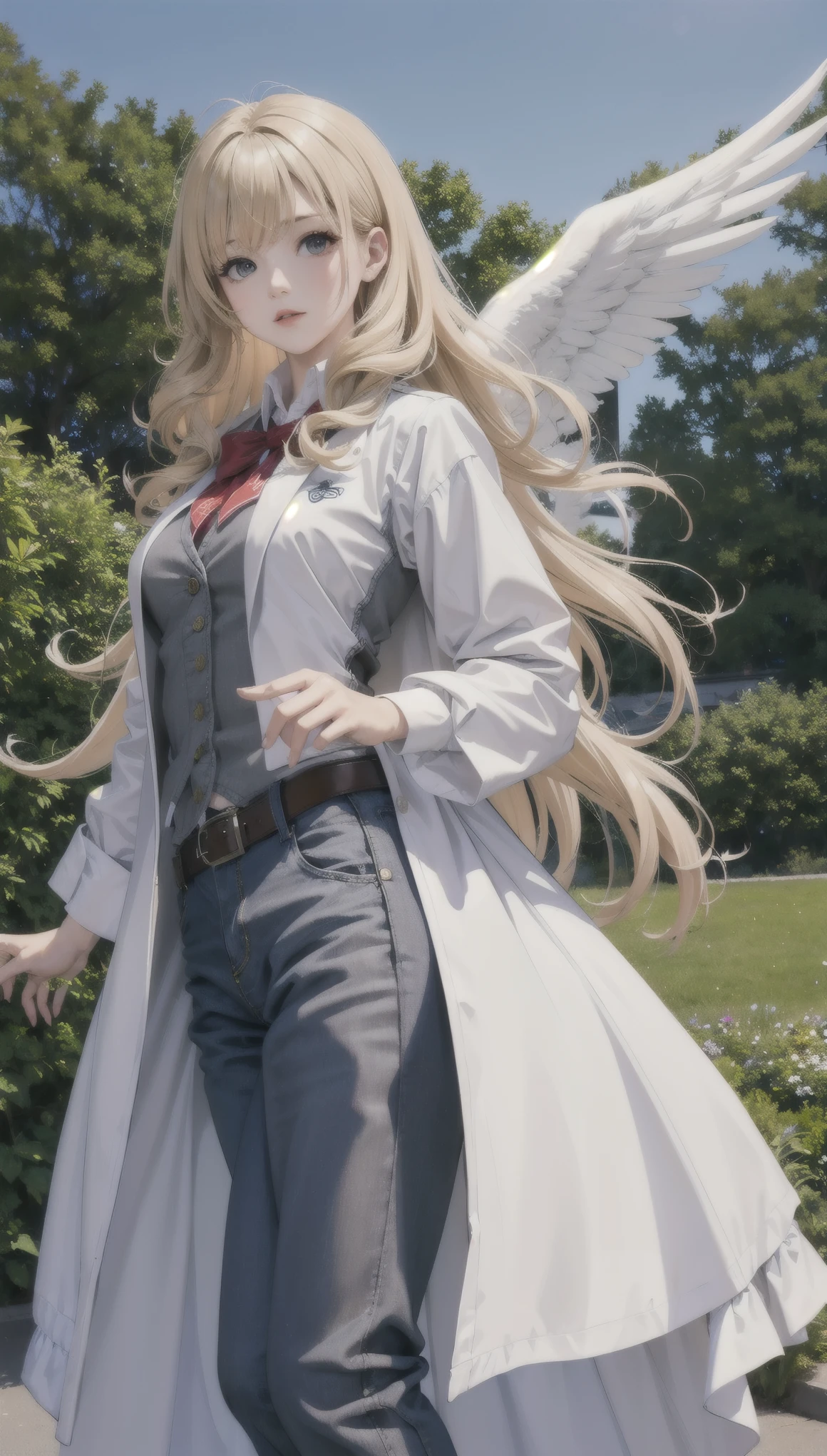 1 girl, medium breasts, blonde hair, long hair, curls, gray eyes, white feather wings, Angel, Outdoor activities, white jacket, collar, Vest, jeans