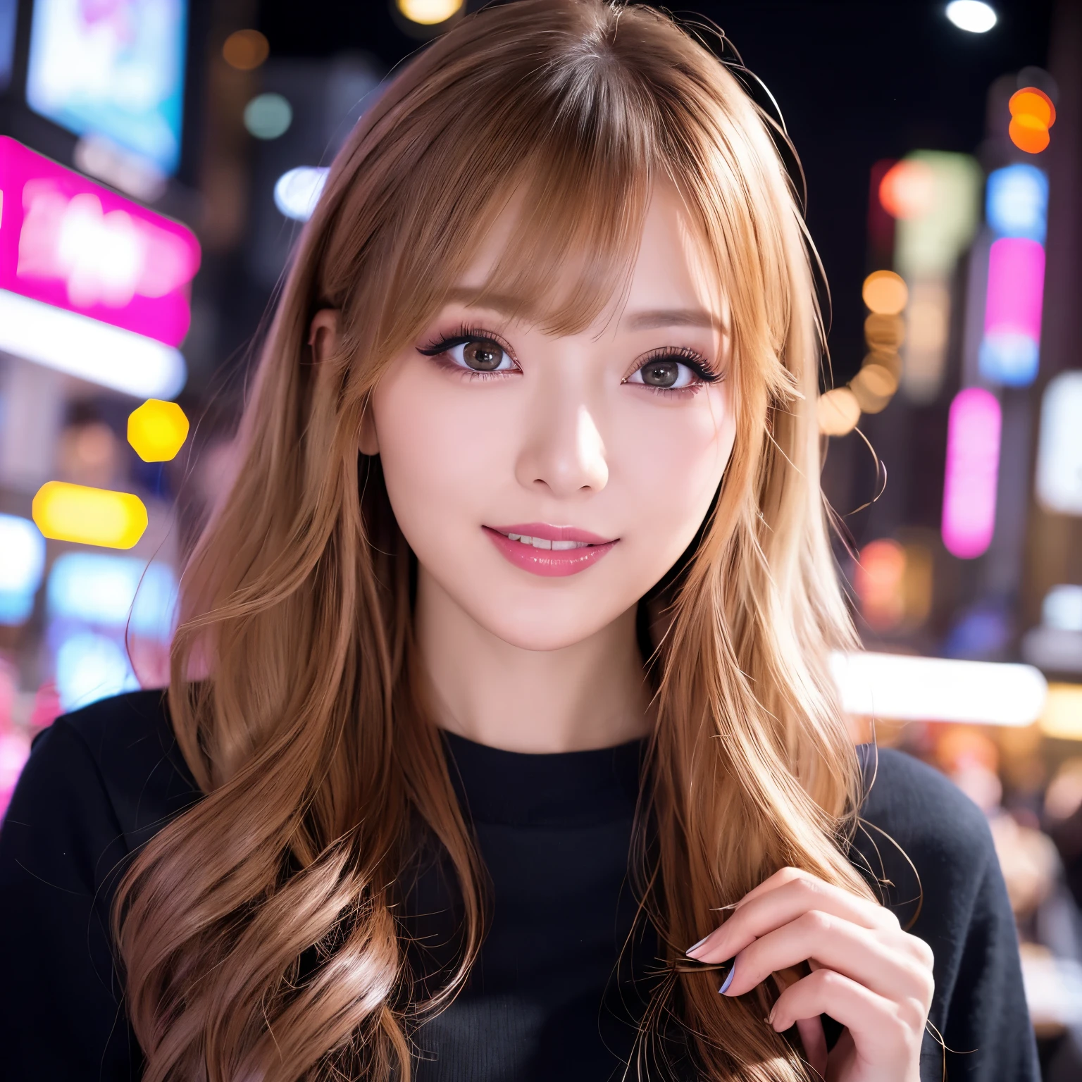 (table top、highest quality、8k、Award-winning work、ultra high resolution)、one beautiful woman、(Perfect and most natural long sleeve pink casual sweatshirt:1.1)、(blonde:1.1)、Bright color contacts、perfect makeup、bright and glossy lipstick、(very dark makeup:1.2)、(dark pink around the eyes:1.1)、beautiful bright eyeshadow、Heavy makeup around the eyes、(huge breasts:1.2)、(close up of face:1.5)、Very long wavy hair、(romantic love feelings:1.1)、the biggest smile when you look at me、(Most emphasize the body line:1.1)、(Strongly blurred lively Harajuku city background:1.1)、(Strongly blurred background:1.1)、accurate anatomy、ultra high definition hair、(ultra high resolutionの完璧な美しい歯:1.1)、Ultra high definition beauty face、ultra high definition hair、Super high-definition sparkling eyes、輝くultra high resolutionの美肌、ultra high resolutionの艶やかな唇