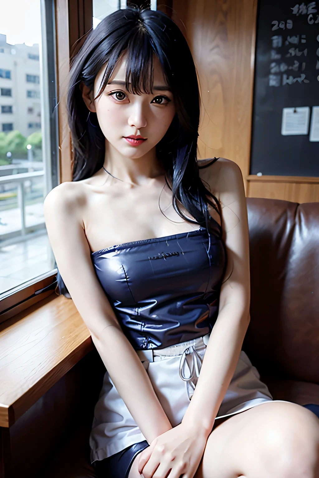 Photo of korean woman sitting at table holding coffee window sunlight in cafe, blue hair, dynamic pose, skin texture, white skin, shiny skin, (slim, small:1.2), [:(focus clearly on the face, detailed face, perfect eyes, looking at the viewer:1.2):0.2], realistic, film grain, highest quality, masterpiece、no makeup、