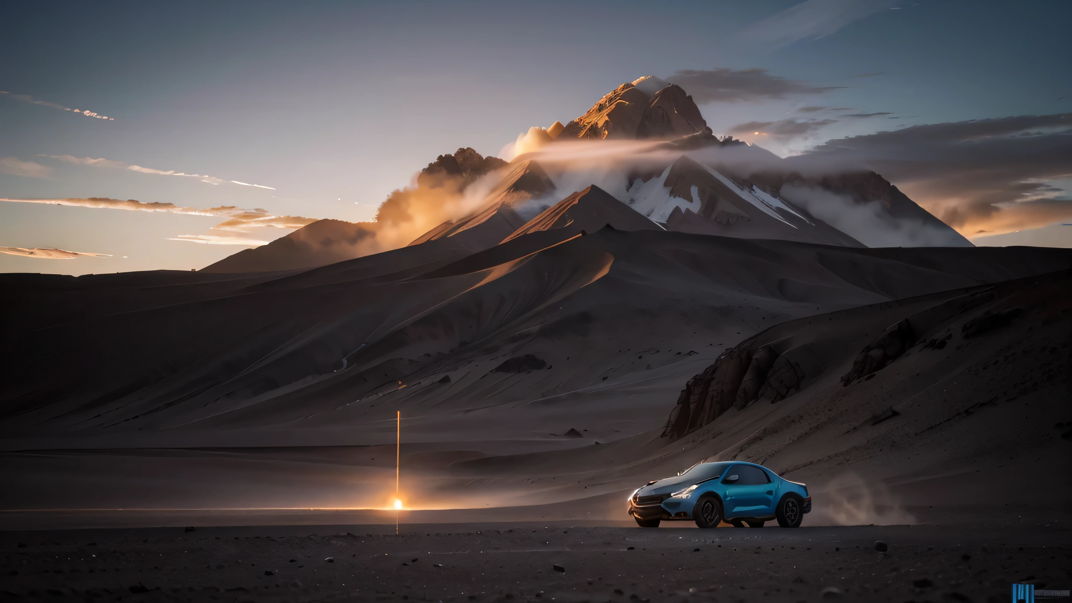 Crea una imagen frontal de un atardecer en la ciudad de Antofagasta, Located in the Atacama Desert around the year 3000.. Con grandes edificios futuristas, muy iluminados, grandes ventanales, dystopian and many space vehicles. Hiperrealista, 8K, Estilo de obturador largo.