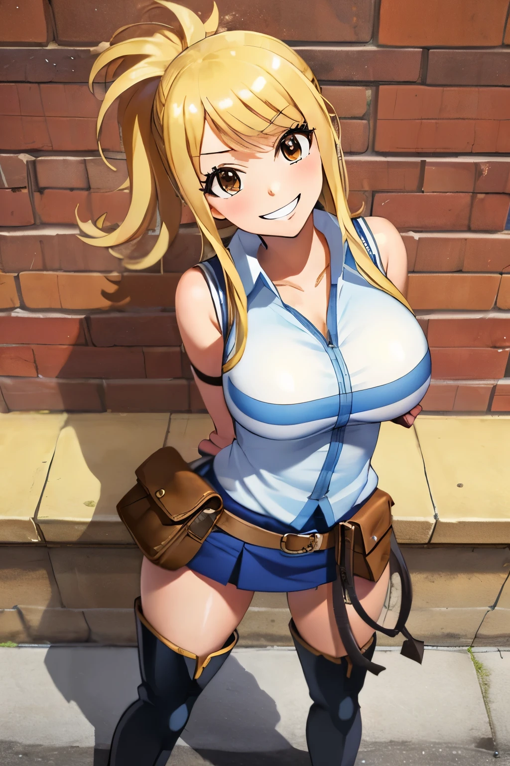 (masterpiece, best quality:1.2), solo, 1girl, lucy heartfilia, grin, looking at viewer, arms behind back, blue sleeveless shirt, miniskirt, belt pouch, thigh boots