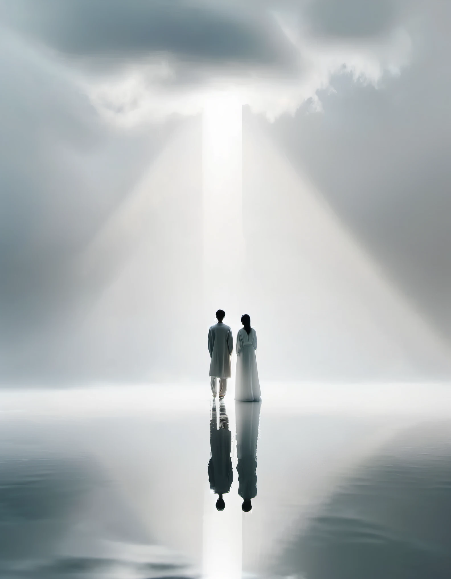 Dingdar phenomenon, minimalist and beautiful couple portraits, beams of light, clouds, mist, reflections, professional, white Zen minimalist aesthetics, reflection，desktop wallpaper
