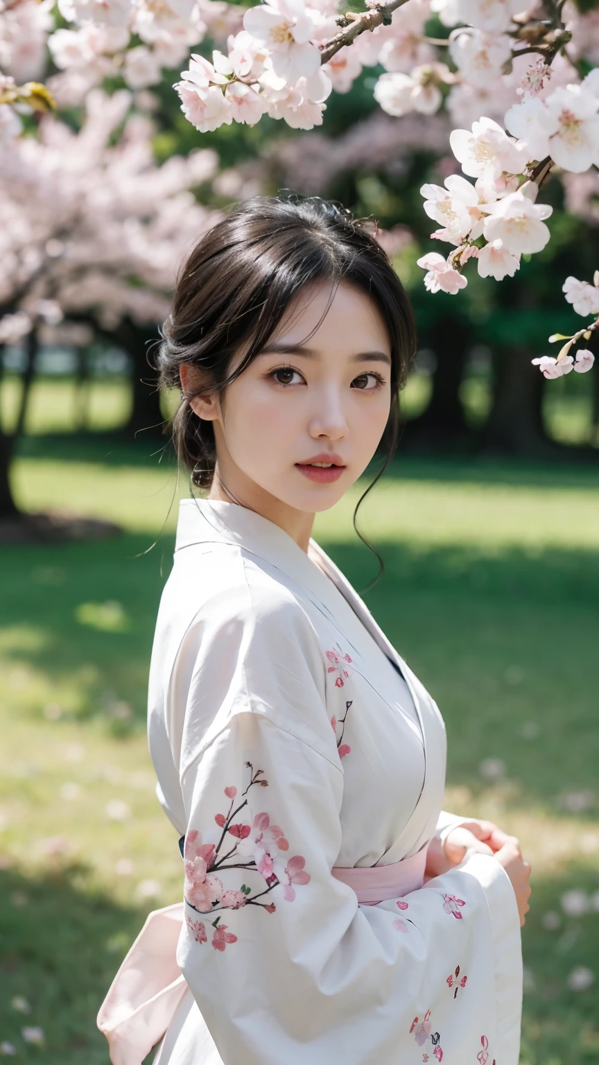 (logo、masterpiece、8k、table top、RAW photo、wonderful、最high quality、Photorealistic and hvery detailed CG integrated 8k wallpaper、high quality、very detailed、Narrative poem、particle effects、dynamic effects、written boundary depth、cinematic light、Lens flare、ray tracing)、fantasy、 (1 beautiful woman、white kimono、Japan Dress、white cherry blossom pattern、White cherry blossom embroidery pattern、black haired、beautiful face、real face、beautiful details eyes beautiful skin)、Hair flutters in Wind、hair bounces、pink cherry tree、petals dance、SakuraFubuki、wonderful景色、sunrise、sun on background、Wind、god々、teeth、god話、vast land、