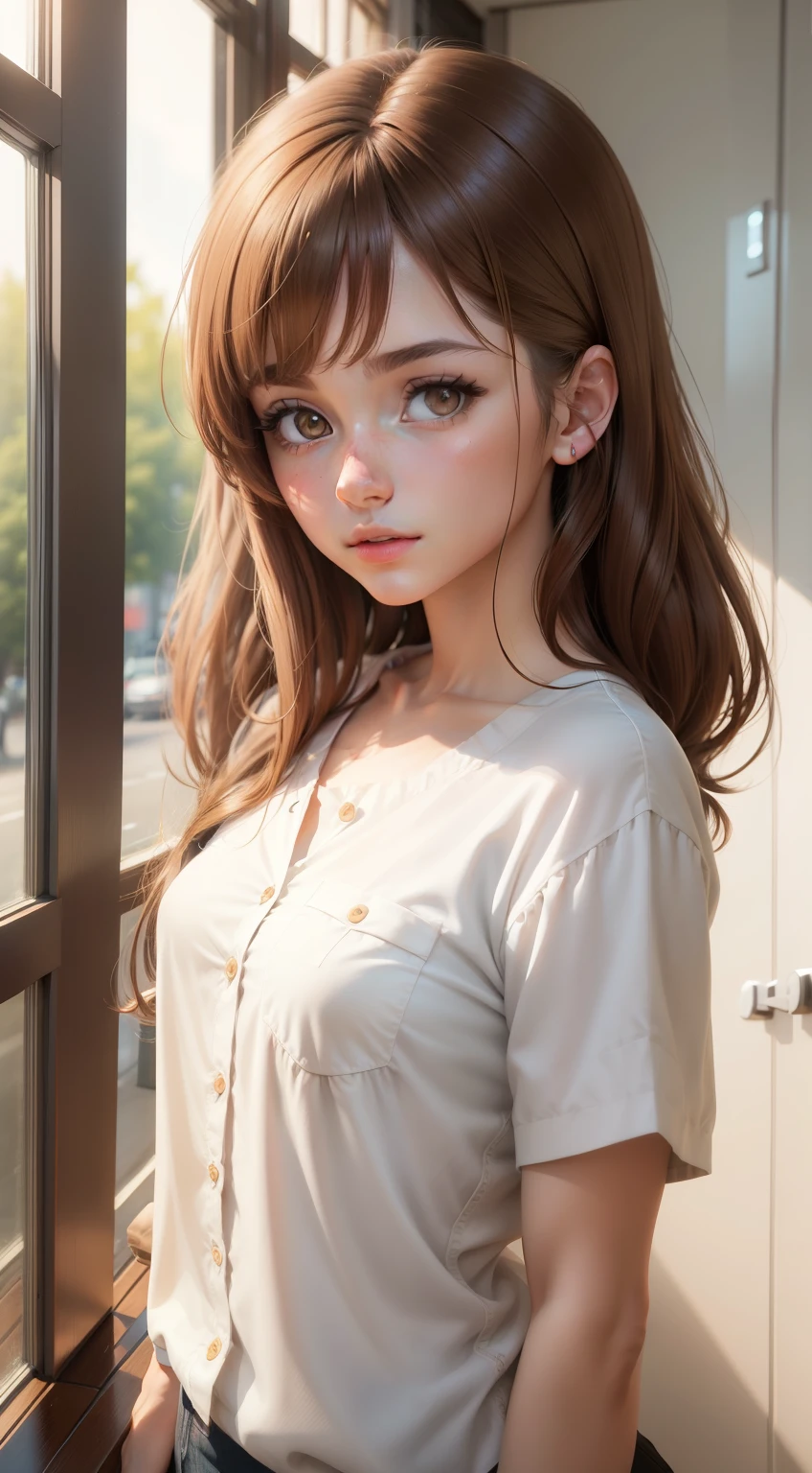 animated girl with brown hair and white shirt posing in front of a window, beautiful animated girl, beau portrait animé, attractive animated girl, pretty animated girl, style anime 3D réaliste, realistic young animated girl, superbe portrait de visage d'anime, animated girl, portrait of an animated girl, young animated girl, detailed portrait of animated girl, portrait animated girl, belle femme animée