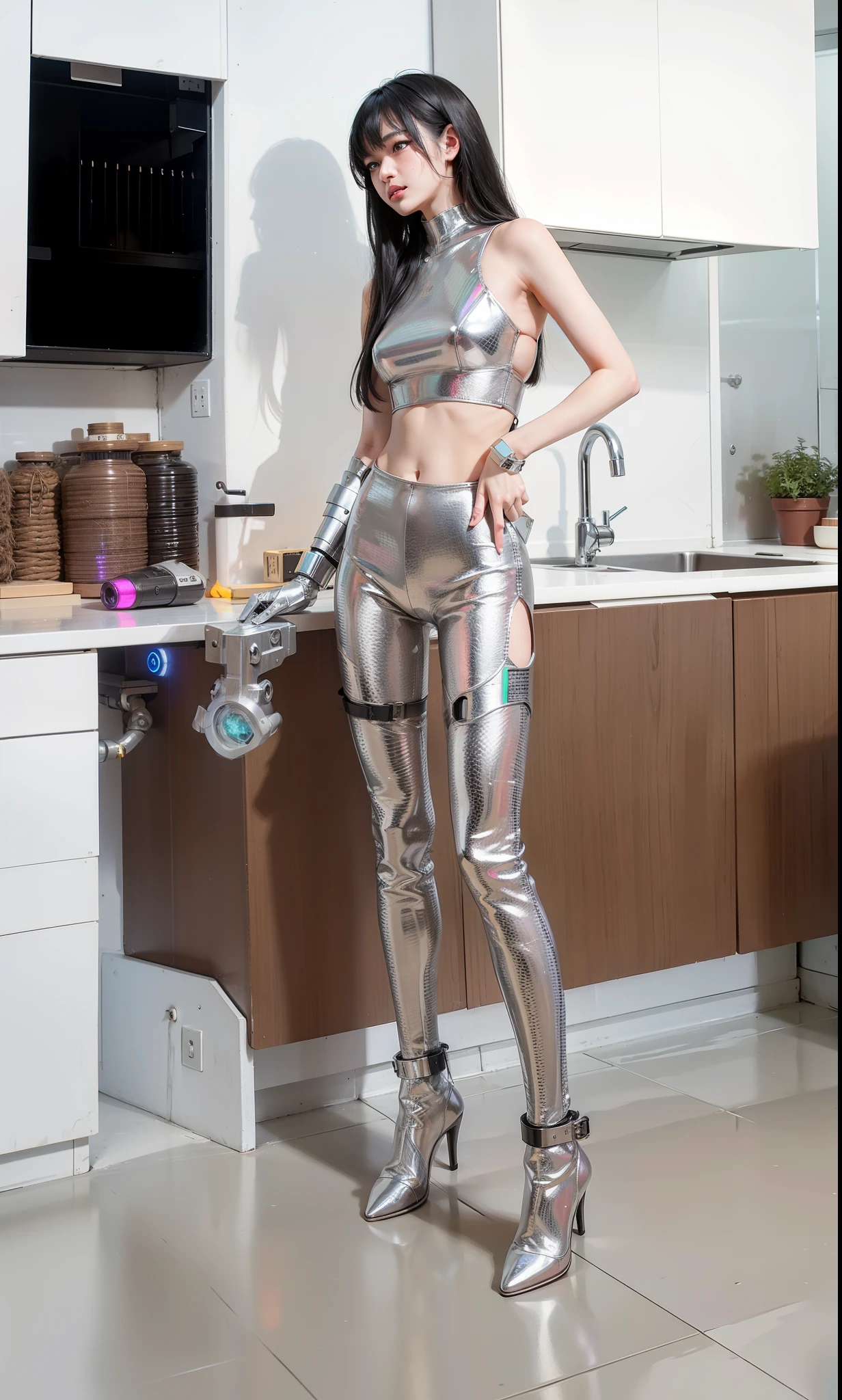 (8K、top-quality、masterpiece:1.2)、(reallistic、Photorealsitic:1.37)、The ultra-detailliert、superrealism、(1 robot girl)、tre anatomically correct、Looking at the camera、All mecha from the neck down、android、cute little、solo、(Redness of the nose)、(A smile:1.15)、beautidful eyes、Big eyes、(long:1.2)、Floating Hair Novafrog Style、Brown hair、Machine body、cables、gear wheel、cyberpunked、kneeking、Countless soap bubbles、early evening、speculum、microchips、electrical cables、illuminations、optic、Countless laser beams、Cyan LED