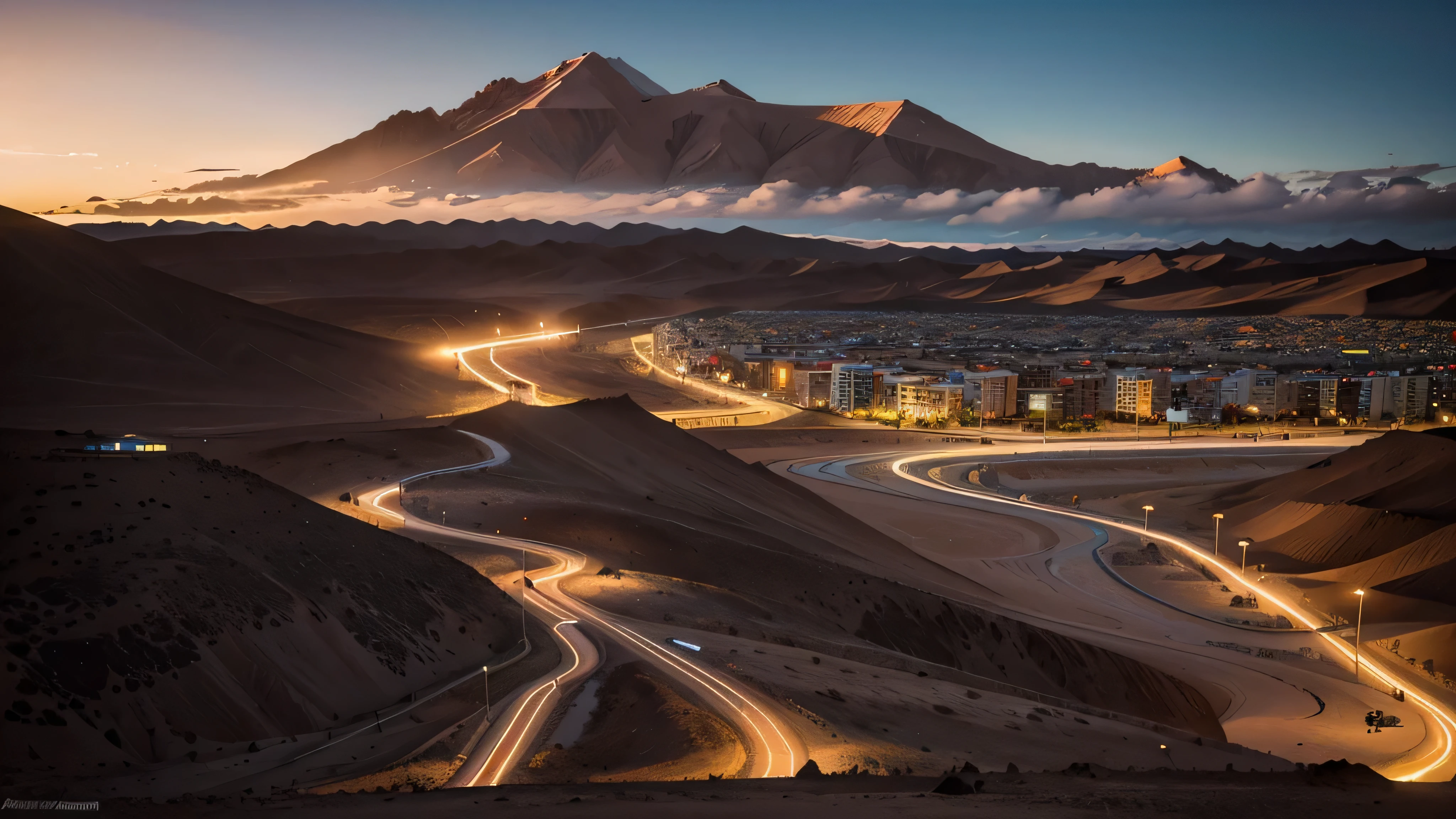 Crea una imagen frontal de un atardecer en la ciudad de Antofagasta, Located in the Atacama Desert around the year 2100.. Con grandes edificios futuristas, muy iluminados, grandes ventanales, dystopian and many space vehicles. Hiperrealista, 8K, Estilo de obturador largo.