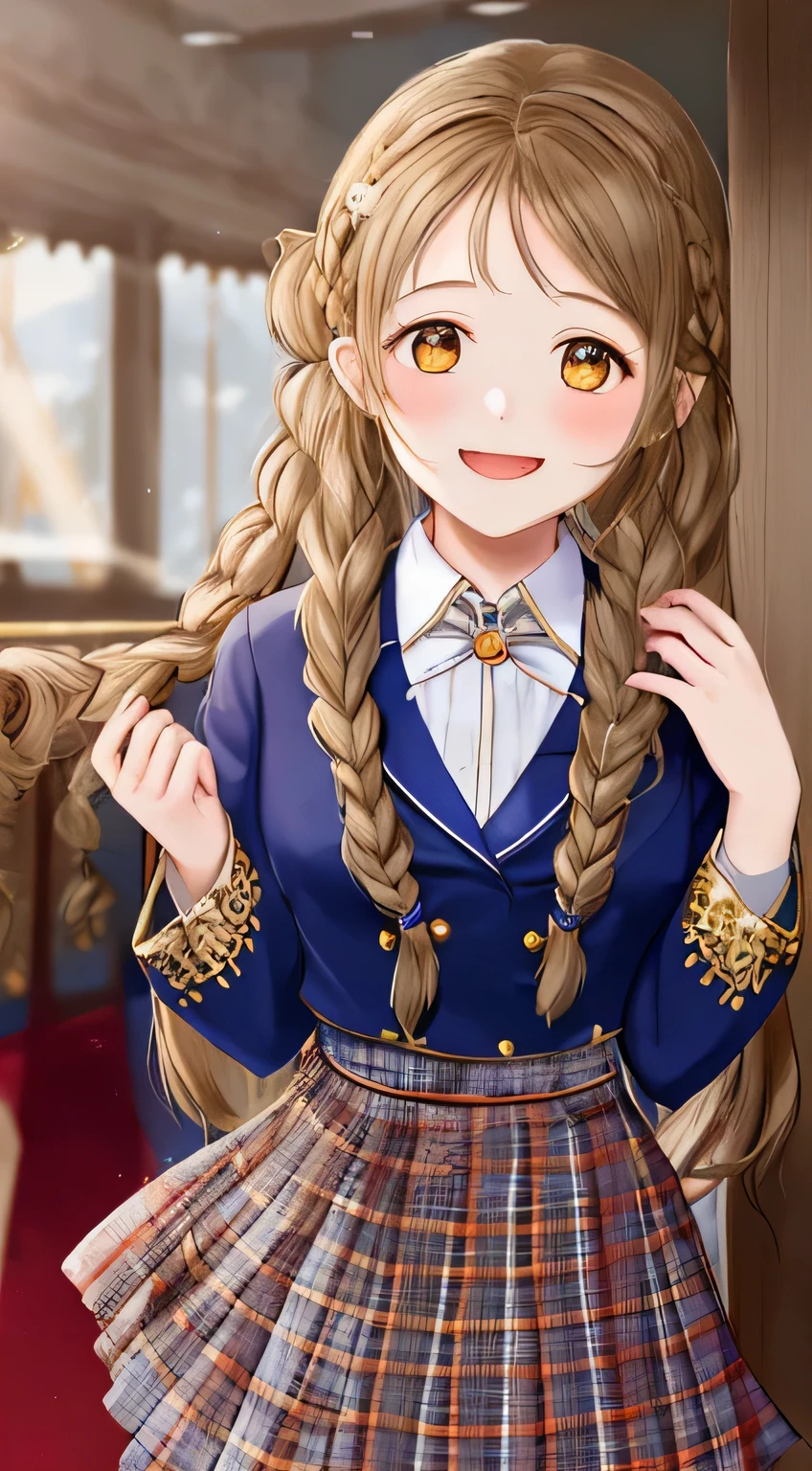 highest quality, (masterpiece:1.2), very detailed, A choir is singing a chant in the concert hall., 1 girl, Open your mouth with lipstick on it, nice smile, brown eyes, Long brown hair, 15 years old, long braids, big shiny hair clip, school uniform, Dark blue and navy plaid skirt, middle long skirt, white shirt, A luxurious navy blazer with a golden emblem on the left chest, big red ribbon on the chest, lipstick、very shiny hair、laughter、bright look、The light makes my face and hair shine, The corners of the eyes are drooping, cute braids, I'm so happy I can jump up, The expression of a maiden in love, (((twin braid hair))), The skirt fabric has a beautiful deep blue checkered pattern., A shy expression staring at the viewer, soprano voice, He looks up diagonally and sings with the most joyful expression on his face.