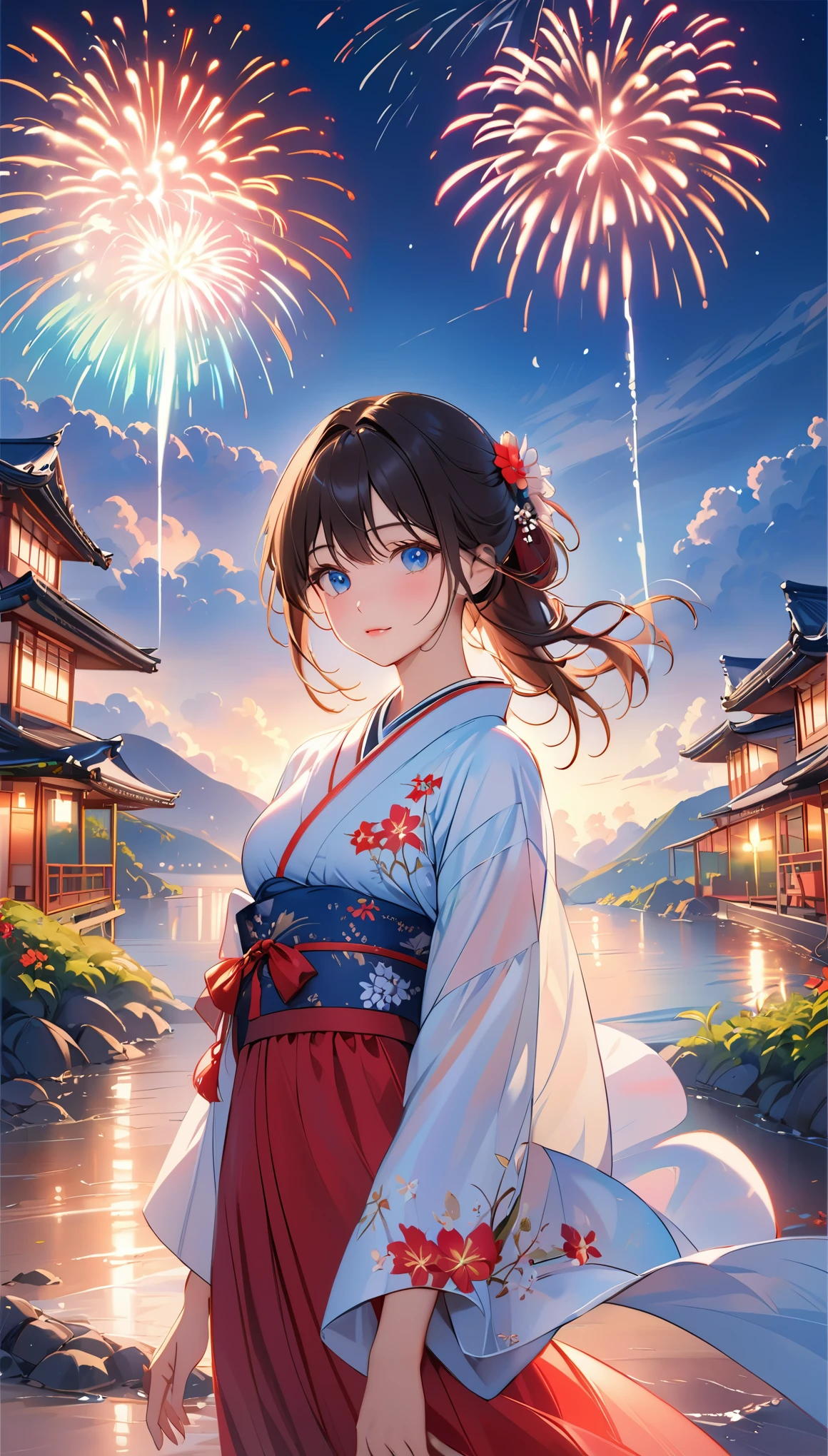 ((masterpiece, top quality, super clear, HD)), alone, beautiful girl, shining eyes, perfect eyes, 16 years old, blue theme, yukata, fireworks