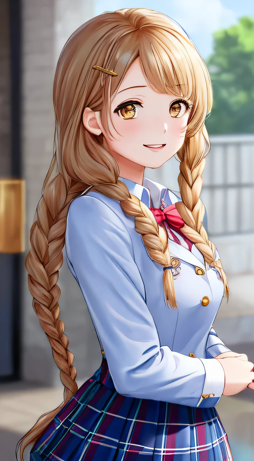 highest quality, (masterpiece:1.2), very detailed, A choir is singing a chant in the concert hall., 1 girl, Open your mouth with lipstick on it, nice smile, brown eyes, Long brown hair, , long braids, big shiny hair clip, school uniform, Dark blue and navy plaid skirt, middle long skirt, white shirt, A luxurious navy blazer with a golden emblem on the left chest, big red ribbon on the chest, lipstick、very shiny hair、laughter、bright look、The light makes my face and hair shine, The corners of the eyes are drooping, cute braids, I'm so happy I can jump up, The expression of a maiden in love, (((twin braid hair))), The skirt fabric has a beautiful deep blue checkered pattern., A shy expression staring at the viewer, soprano voice, He looks up diagonally and sings with the most joyful expression on his face.