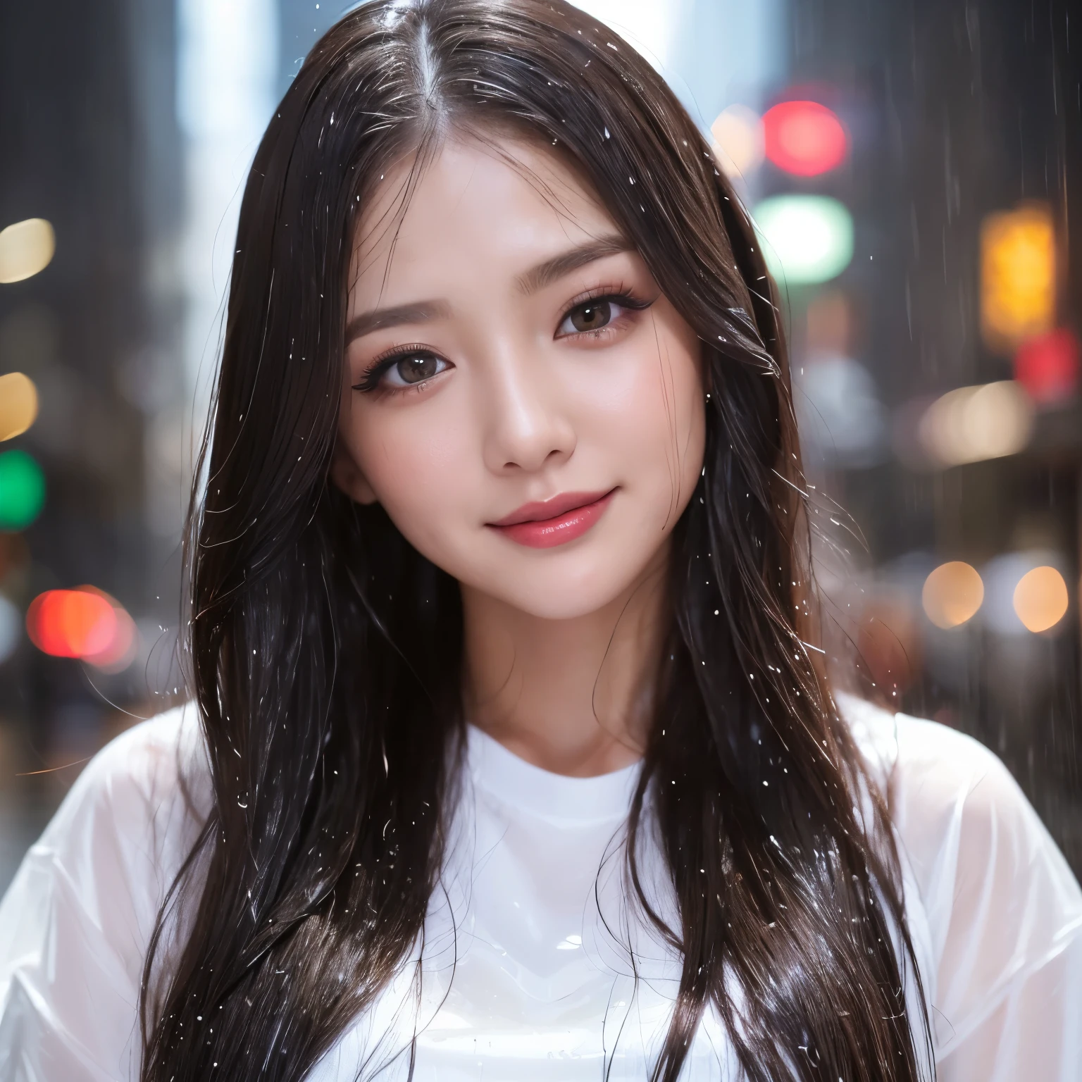 (table top、highest quality、8k、Award-winning work、ultra high resolution)、one beautiful woman、(soaking wet white shirt:1.2)、(soaking wet blonde:1.2)、(Drenched hair:1.2)、(Drenched and shiny hair:1.2)、(My skin is visible through my soaking wet shirt:1.2)、(wet skin:1.2)、(Super high-definition fine real water splashes:1.2)、(Perfect and most natural ultra-high definition water splashes:1.2)、color contacts、perfect makeup、long eyelashes、beautiful eyeshadow、bright and glossy lipstick、Very long wavy hair、the biggest smile when you look at me、(very heavy rain:1.2)、(heavy rain:1.2)、(wet and shiny skin:1.2)、(A woman whose whole body is soaked wet:1.2)、(close up of face:1.3)、(Strongly blurred lively Shibuya city background:1.1)、(Strongly blurred background:1.1)、accurate anatomy、ultra high definition hair、ultra high resolutionの完璧な美しい歯、Ultra high definition beauty face、ultra high definition hair、Super high-definition sparkling eyes、輝くultra high resolutionの美肌、ultra high resolutionの艶やかな唇