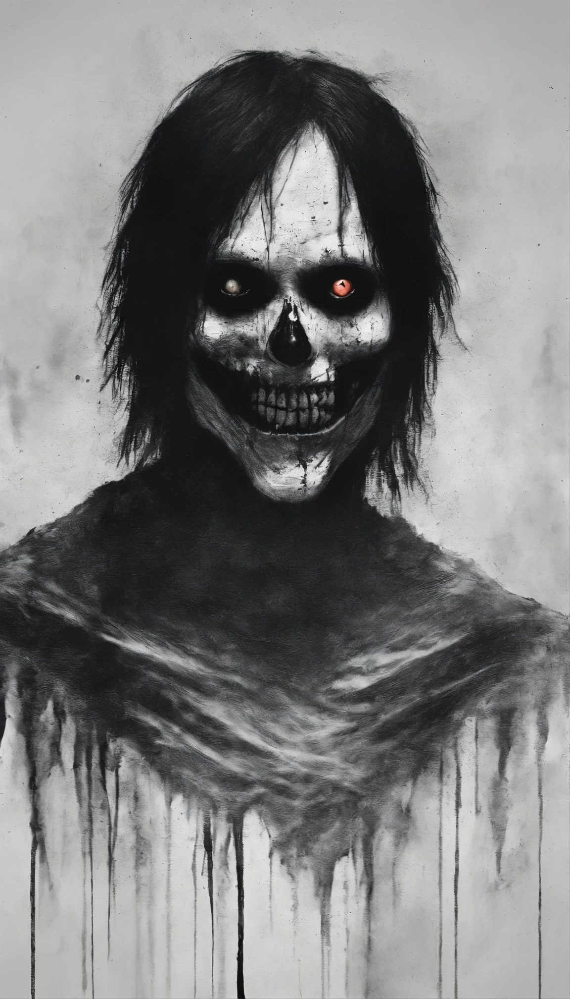 Jeff the Killer, horror icon, close-up portrait, intense stare, carved smile, stark white skin, contrasting black background, minimalistic yet chilling, high detail, sharp focus on eyes and smile, shadow play to enhance eerie atmosphere, monochrome palette with splashes of red, psychological horror vibes, "Go to sleep" motif subtly integrated, high resolution, rule of thirds applied to accentuate facial features, soft yet unsettling lighting highlighting the grotesqueness of his grin.