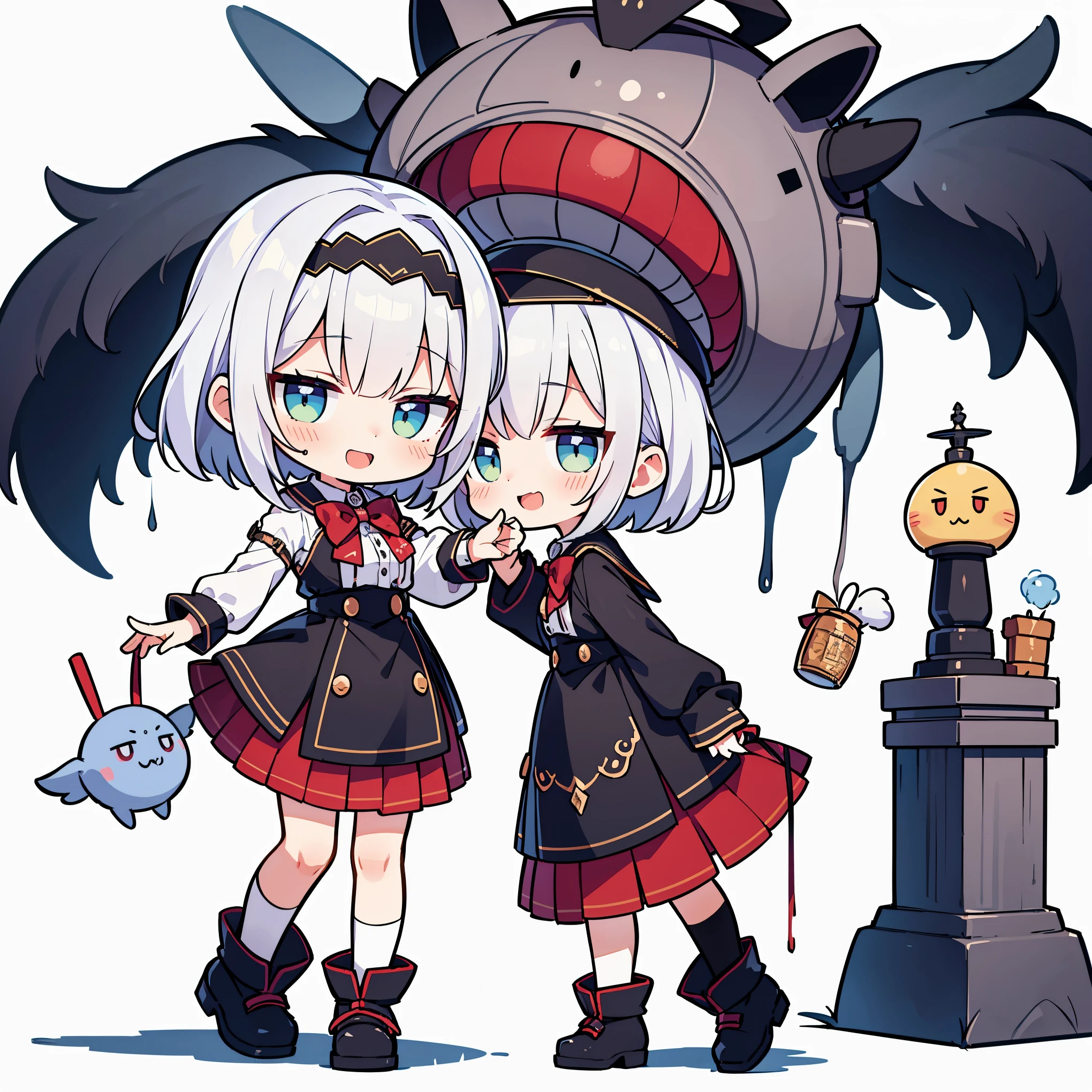 (chibi:1.5), (white background:1.5), ((absurdres, highres, ultra detailed, high resolution, masterpiece, best quality, very fine 8KCG wallpapers)), 1 girl, solo, :D, ahogee, bangs, blush, full body, standing, beautiful detailed eyes, light blue medium hair, twin tail, eyebrows visible through hair, little silver tiara, wearing fantasy idol costume, (skirt with frille), 18 years old, looking at viewer, open mouth, red bow, smile