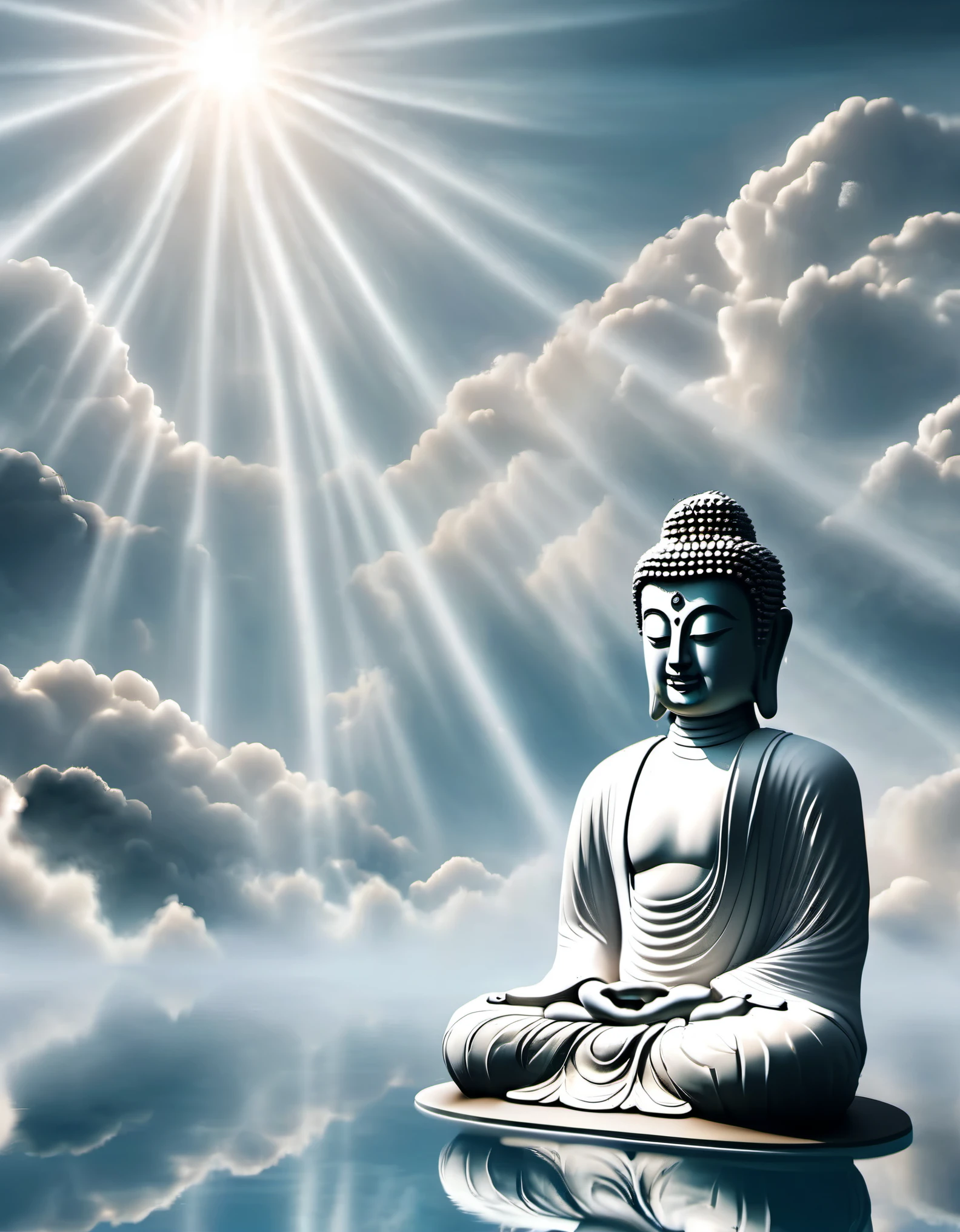 best quality,ultra-detailed,realistic,professional,zen aesthetic,light beams,clouds,mist,reflections,couple portraits,Buddha head，white minimalist,desktop wallpaper，reflection，desktop wallpaper