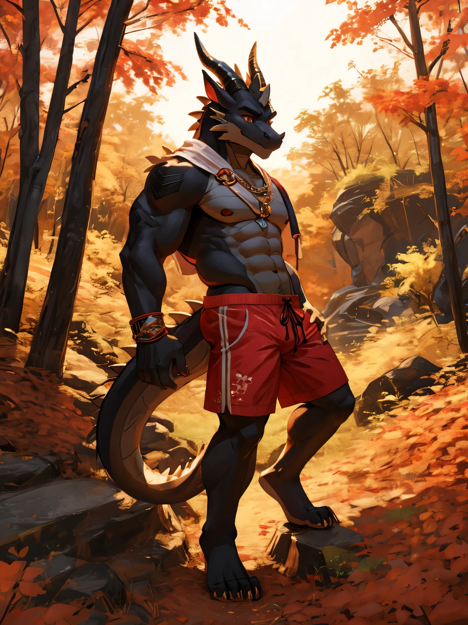 masterpiece, Anthropomorphic black dragon, young dragon,white belly,There is a pair of beautiful dragon horns, black dragon scales,1 tail, very muscular body, nice, only shorts, forest landscape,individual