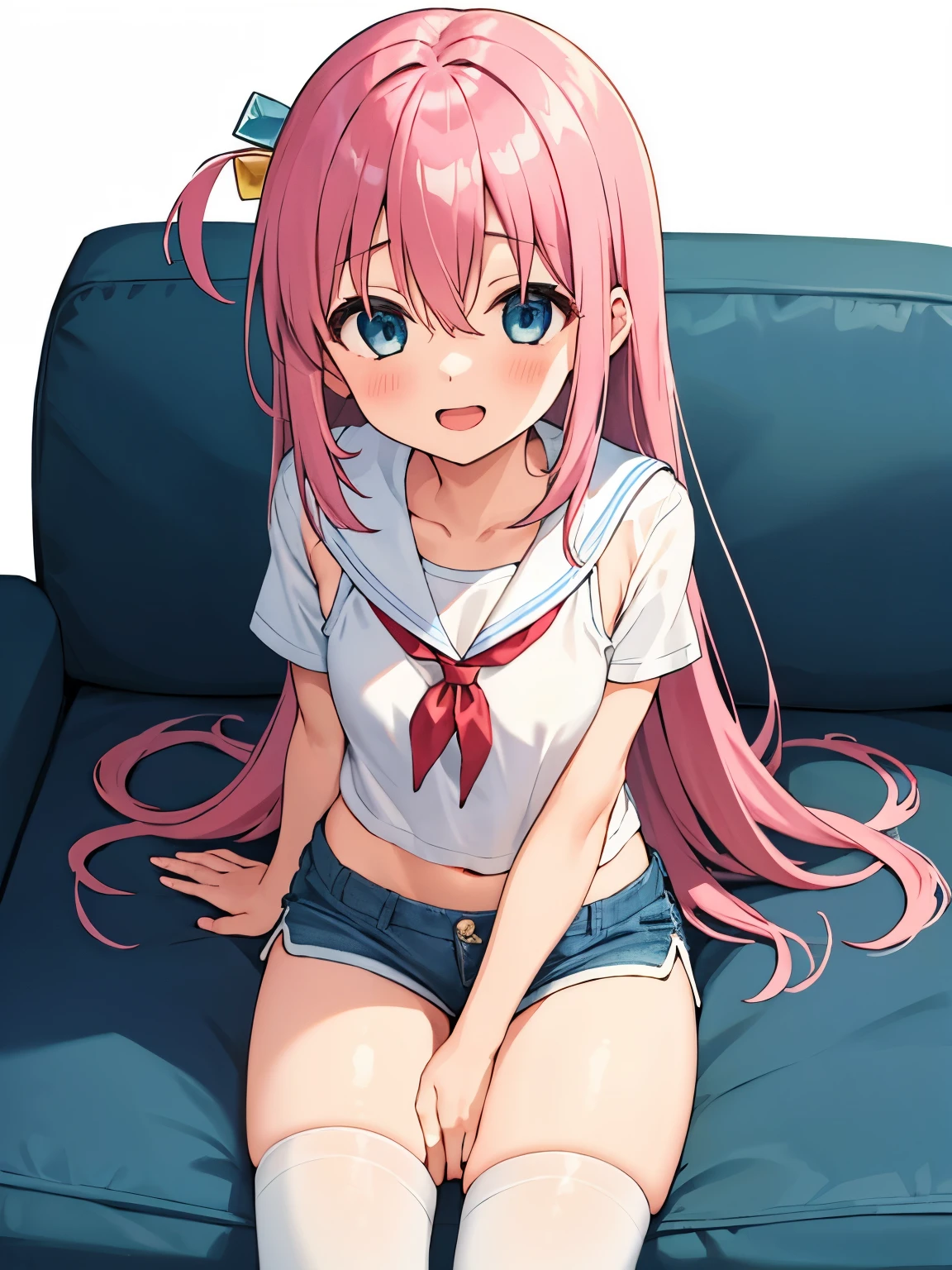 gotoh hitori, 1girl, solo, long hair, smile, open mouth, blue eyes, simple background, white background, hair between eyes, upper body, pink hair,one side up, cube hair ornament, camisole, on couch, sitting, short shorts, dolphin shorts, large breasts, girl&#39;s room　elementary school girl　16-year-old　flat chest　pink hair　long hair　eyes are purple　（（1 person））　Upper body white short sleeve T-shirt　Lower body navy blue denim miniskirt　white panties　white socks　lying on the bed　spread your legs a little（（I can see white panties））　dynamic angle　Angle seen from directly above,school gymnasium　Inside the gymnasium　elementary school girl　16-year-old　flat chest　black hair　long hair　eyes are purple　（（1 person））　Upper body white long sleeve sailor suit　Lower body navy blue mini skirt　white panties　white socks　sports boots　running　Open your legs slightly（（white pantiesが見える））　dynamic angle　Low angle focusing on the lower body