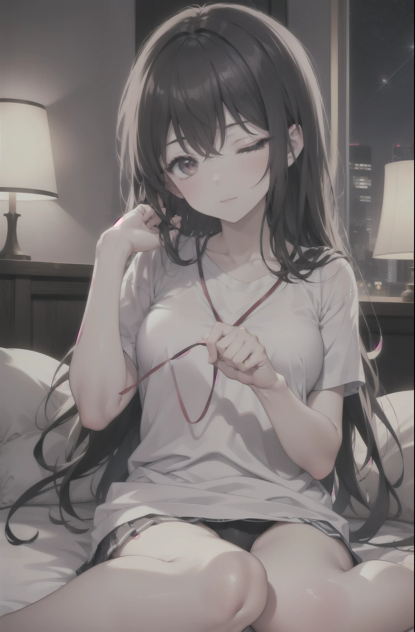 for profit, utaha kasumigaoka, black hair, long hair, smile,windows,romantic starry sky,sleeping with both eyes closed,A meteor crosses,T-shirt,black string underwear,sleeping in bed,night,moonlight,sleep with your head on the pillow,Sleeping lying on your back in bed,dark room, barefoot break indoors, Bedroom, break (masterpiece:1.2), highest quality, High resolution, unity 8k wallpaper, (shape:0.8), highly detailed face, perfect lighting, Very detailed CG, (perfect hands, perfect anatomy),
break indoors,Bedroom,
break (masterpiece:1.2), highest quality, High resolution, unity 8k wallpaper, (figure:0.8), highly detailed face, perfect lighting, Very detailed CG, (perfect hands, perfect anatomy),