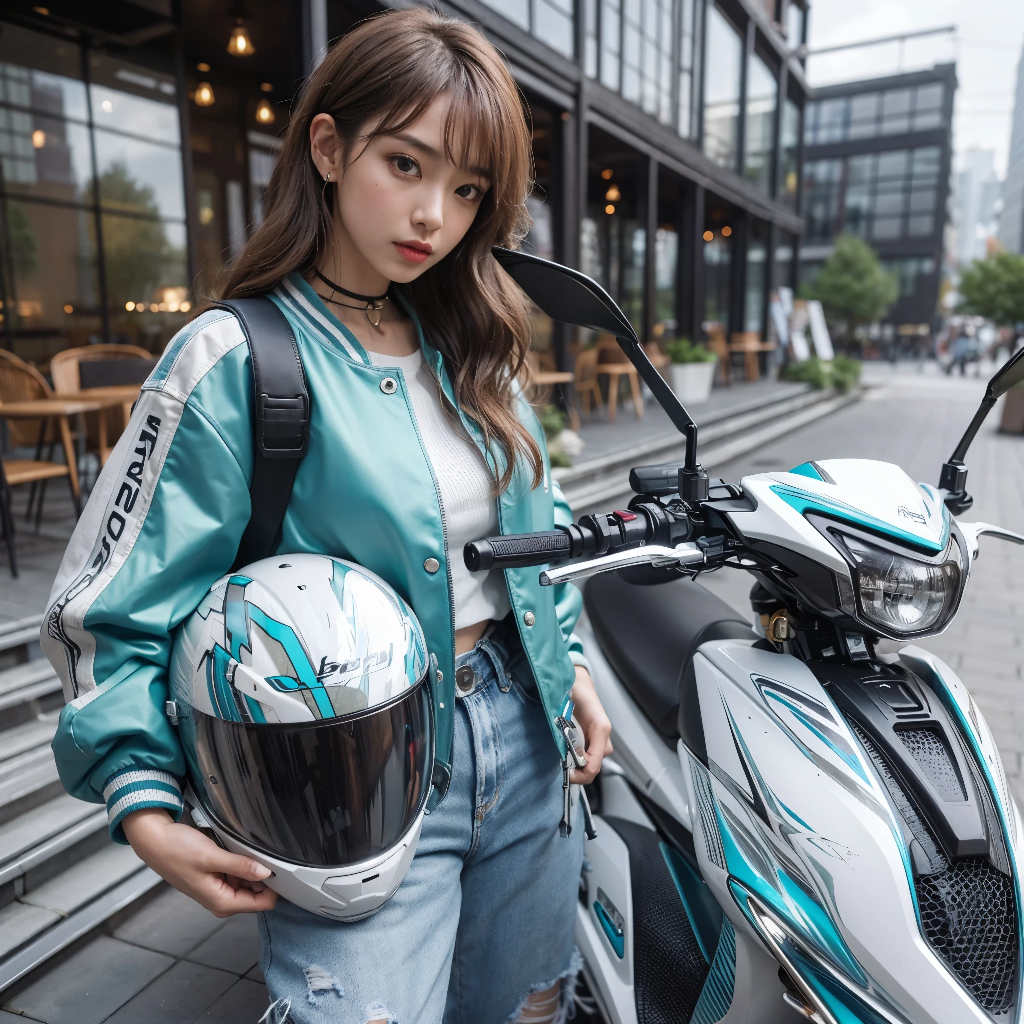 hyper realistic automotive photography ((attractive angle)) (((ultra detailed object))) close up detail face of a stylish teenage japan girl with stylish Turquoise jacket & blue jeans hold an open face helmet & posing with sleek new design Scooter Matic Bike Honda Beat, white body colour with graphic stripping, posing on a premium terrace of an edgy coffee shop (((realistic body texture))) ((3d well rendered)) wallpaper quality, take by hasselblad, medium lens, 8K