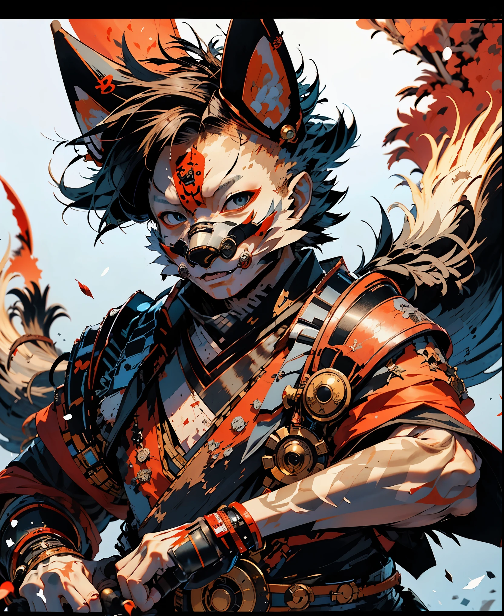 32K UHD QUALITY RESOLUTION, black fox, samurai warrior, highly detailed samurai battle armor and sashimono war flag, dynamic battle pose, blood splattered, cherry blossoms blowing in the wind, post apocalyptic feudal Japan background 