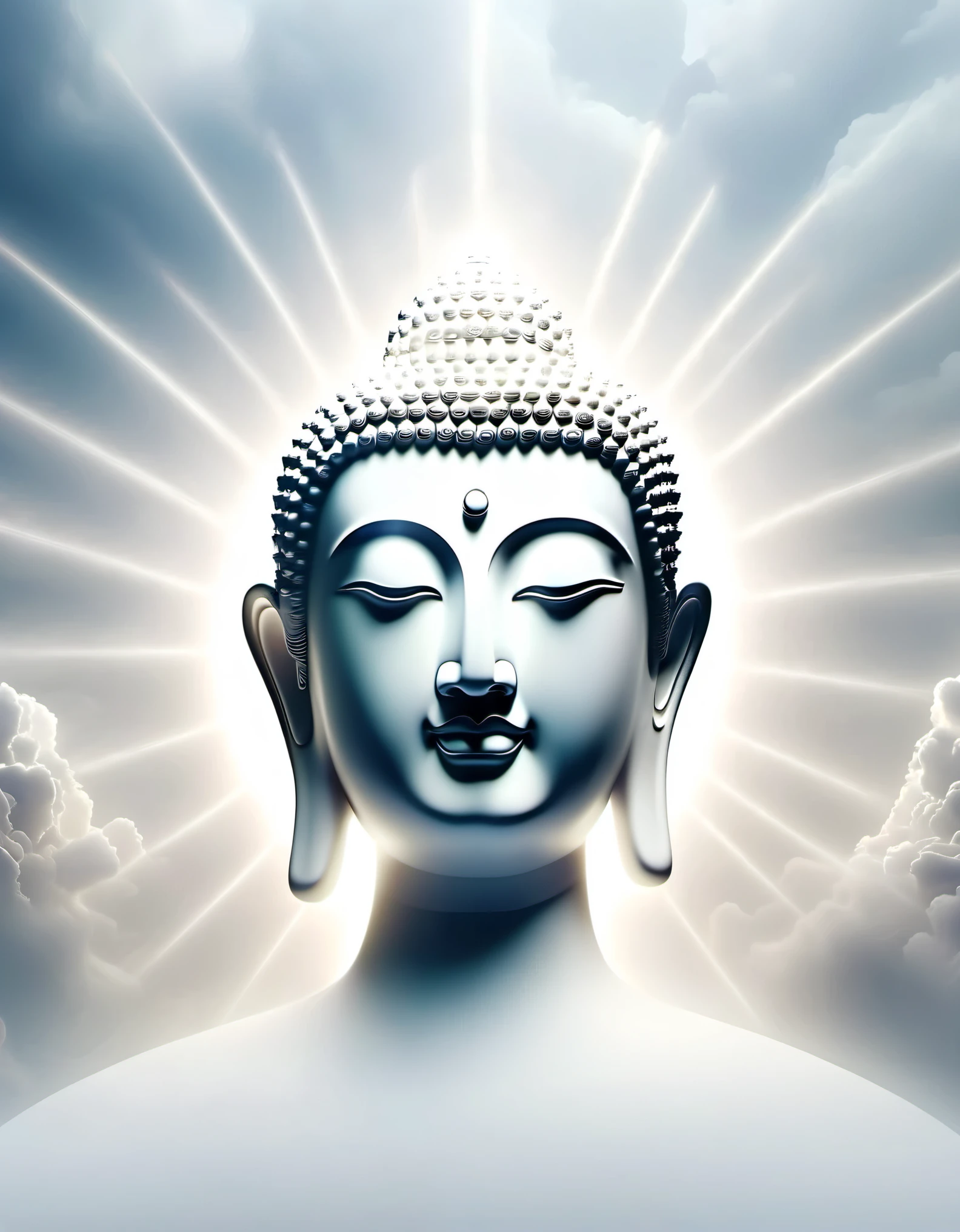 Dingdar phenomenon, minimalist and beautiful Buddha head portrait, divine light, many beams of light, clouds, mist, reflections, professional, white Zen minimalist aesthetics, desktop wallpaper,