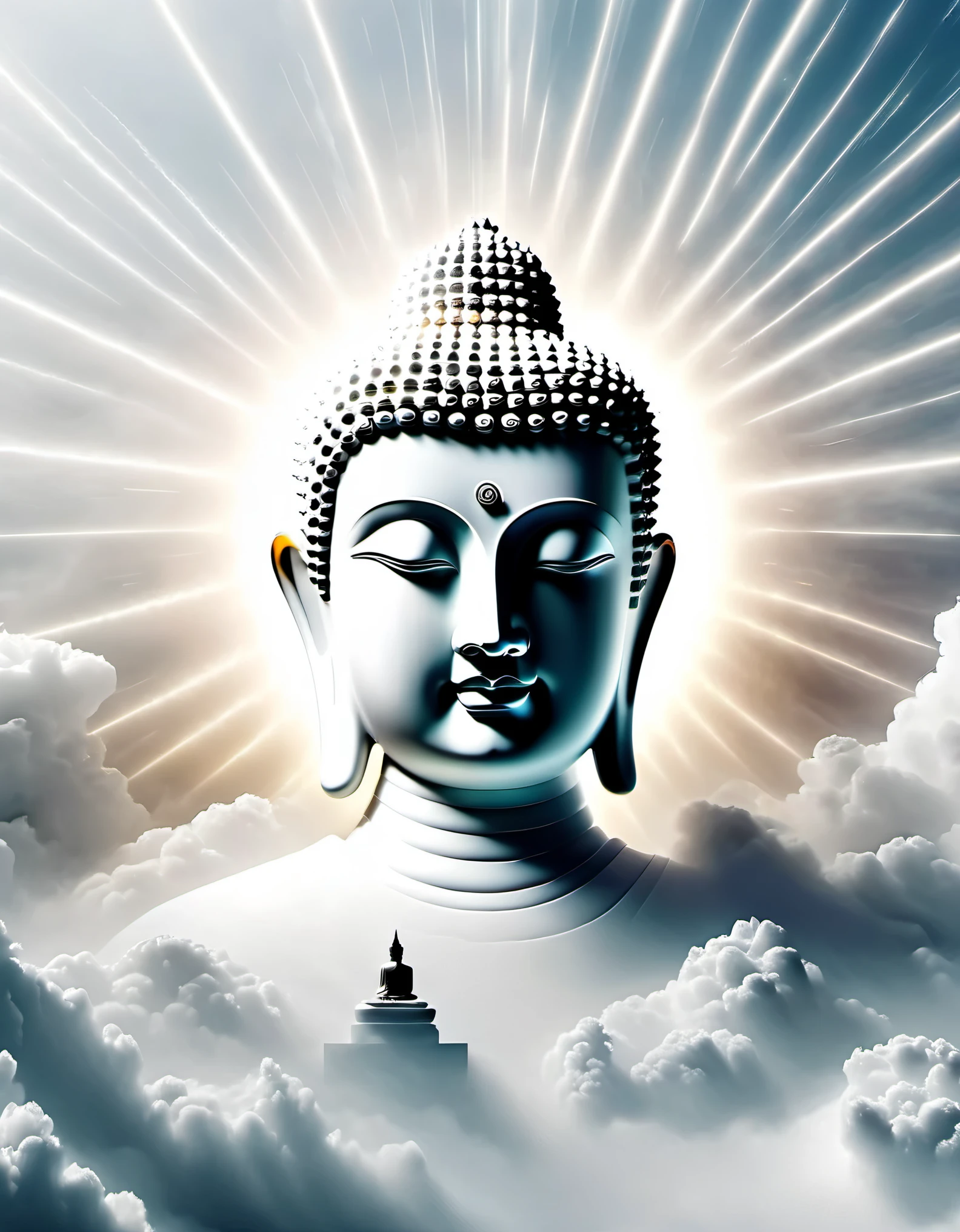 Dingdar phenomenon, minimalist and beautiful Buddha head portrait, divine light, many beams of light, clouds, mist, reflections, professional, white Zen minimalist aesthetics, desktop wallpaper,