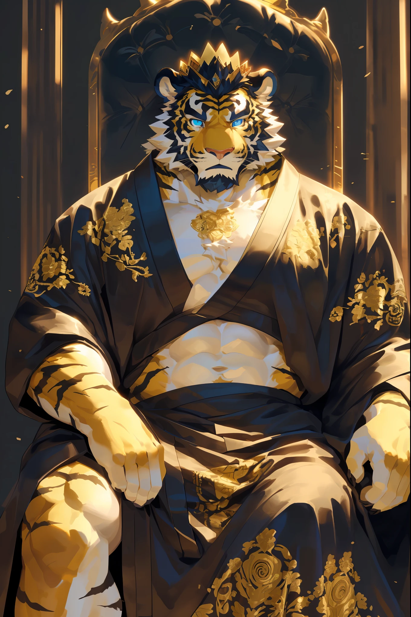 (One is wearing a black robe，Golden and white fur tiger sitting on the throne:1.2),(Wearing a black printed dragon robe),king,16k high quality detailed art,(Golden Tiger:1.1), (((white and gold fur:1.5))),(Gold and white two-tone),(Pupils of different colors,a golden eye,another blue eye:1.5) (muscular body:1.2),Handsome,(OK),(perfect face),(wearing a crown:1.1),(golden and white skin:1.3),(Background of the Royal Palace),(close up:1.3),Publaz, (Golden Tiger:1.1), (((golden and white fur:1.3))),Handsome, (OK), ((Black embroidered moire robe:1.5)), Express,(Background of the Royal Palace),(indifferent eyes),(Golden Tiger tail),不同的Express,(perfect masterpiece),(32k),(abdominal muscles:1.3),(((middle aged:1.4))),(36 years old),(golden stripes),alone,(black sideburns:1.2),(black beard:1.3),(black chin:1.3),(golden face pattern:1),(Very rich facial details:1.3),(Strong),Half body,(The emperor is imposing:1.3),front view,(cg),(HD)