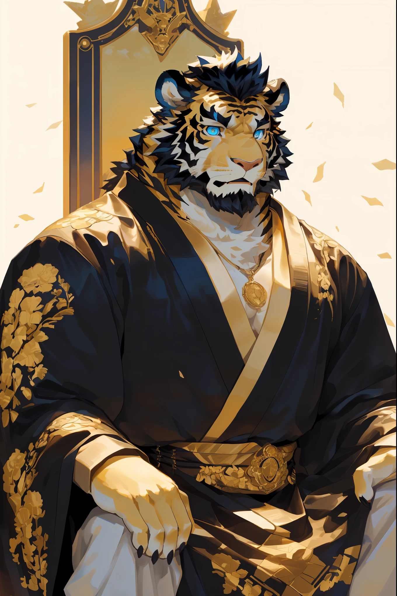 (One is wearing a black robe,Golden and white fur tiger sitting on the throne:1.2),(Wearing a black printed dragon robe),king,16k high quality detailed art,(Golden Tiger:1.1), (((white and gold fur:1.5))),(Gold and white two-tone),(Pupils of different colors,a golden eye,another blue eye:1.5) (muscular body:1.2),Handsome,(OK),(perfect face),(wearing a crown:1.1),(golden and white skin:1.3),(Background of the Royal Palace),(close up:1.3),Publaz, (Golden Tiger:1.1), (((golden and white fur:1.3))),Handsome, (OK), ((Black embroidered moire robe:1.5)), Express,(Background of the Royal Palace),(indifferent eyes),(Golden Tiger tail),不同的Express,(perfect masterpiece),(32k),(abdominal muscles:1.3),(((middle aged:1.4))),(36 years old),(golden stripes),alone,(black sideburns:1.2),(black beard:1.3),(black chin:1.3),(golden face pattern:1),(Very rich facial details:1.3),(Strong),Half body,(The emperor is imposing:1.3),front view,(cg),(HD)