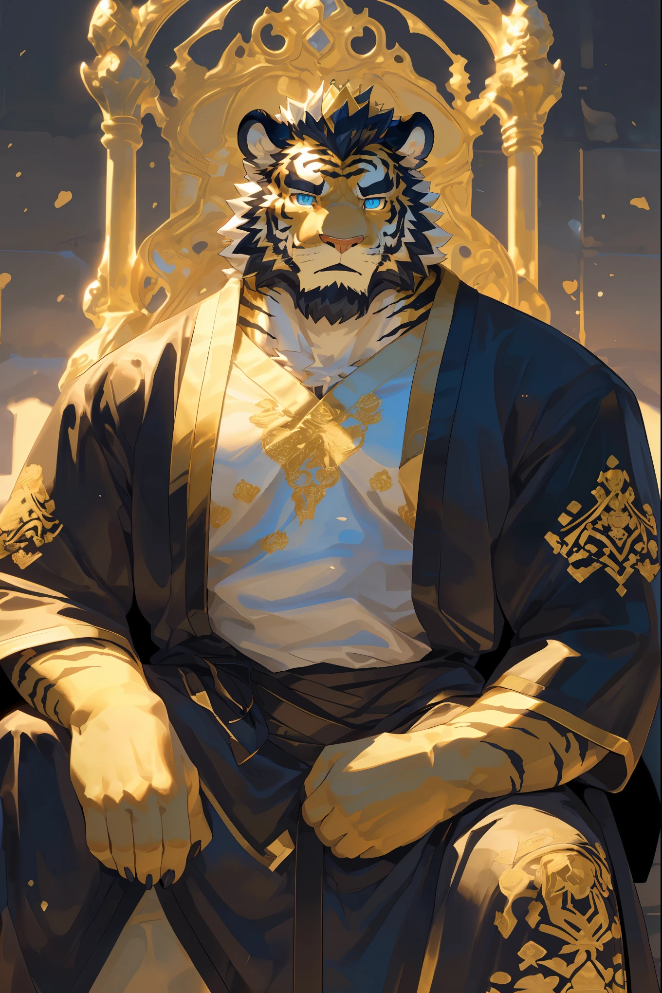 (One is wearing a black robe，Golden and white fur tiger sitting on the throne:1.2),(Wearing a black printed dragon robe),king,16k high quality detailed art,(Golden Tiger:1.1), (((white and gold fur:1.5))),(Gold and white two-tone),(Pupils of different colors,a golden eye,another blue eye:1.5) (muscular body:1.2),Handsome,(OK),(perfect face),(wearing a crown:1.1),(golden and white skin:1.3),(Background of the Royal Palace),(close up:1.3),Publaz, (Golden Tiger:1.1), (((golden and white fur:1.3))),Handsome, (OK), ((Black embroidered moire robe:1.5)), Express,(Background of the Royal Palace),(indifferent eyes),(Golden Tiger tail),不同的Express,(perfect masterpiece),(32k),(abdominal muscles:1.3),(((middle aged:1.4))),(36 years old),(golden stripes),alone,(black sideburns:1.2),(black beard:1.3),(black chin:1.3),(golden face pattern:1),(Very rich facial details:1.3),(Strong),Half body,(The emperor is imposing:1.3),front view,(cg),(HD)