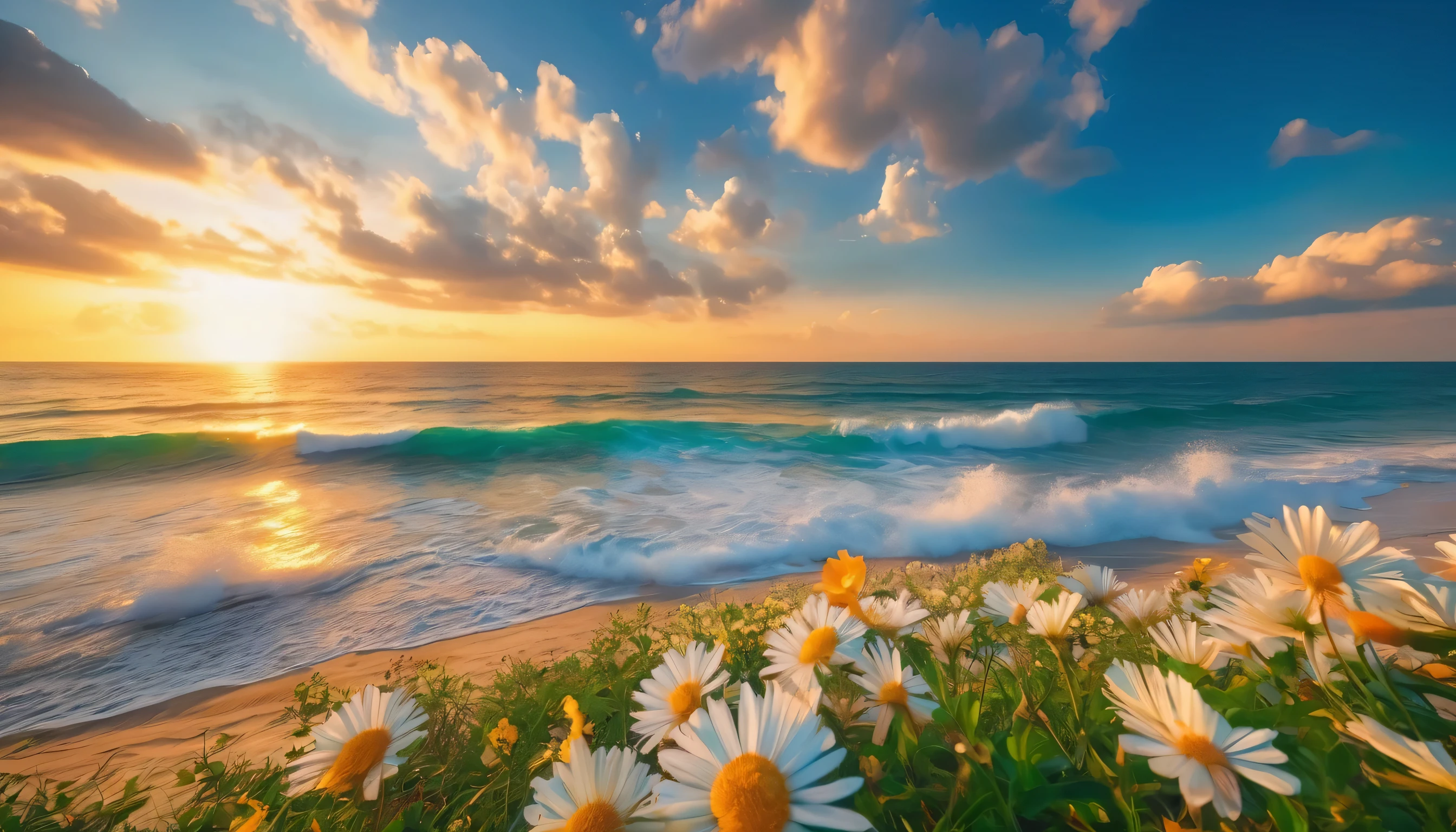 The background of the picture is peaceful by the sea, and the sun was shining brightly, The waves crash against the beach, Flowers bloom on the beach, Melodious sound, Strange clouds stand out, first-person view, panorama, UHD,(Best Quality),(Masterpiece Photos), (Details:1.4),(8k Highly Detailed)(Best Quality),(Best Shading)