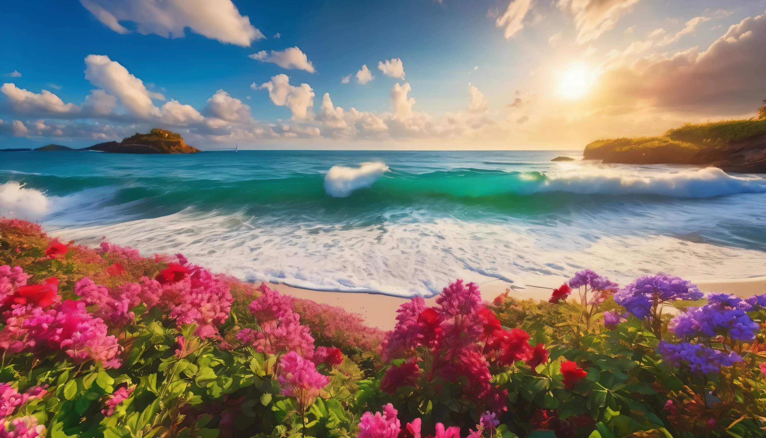 The background of the picture is peaceful by the sea, and the sun was shining brightly, The waves crash against the beach, Flowers bloom on the beach, Melodious sound, Strange clouds stand out, first-person view, panorama, UHD,(Best Quality),(Masterpiece Photos), (Details:1.4),(8k Highly Detailed)(Best Quality),(Best Shading)