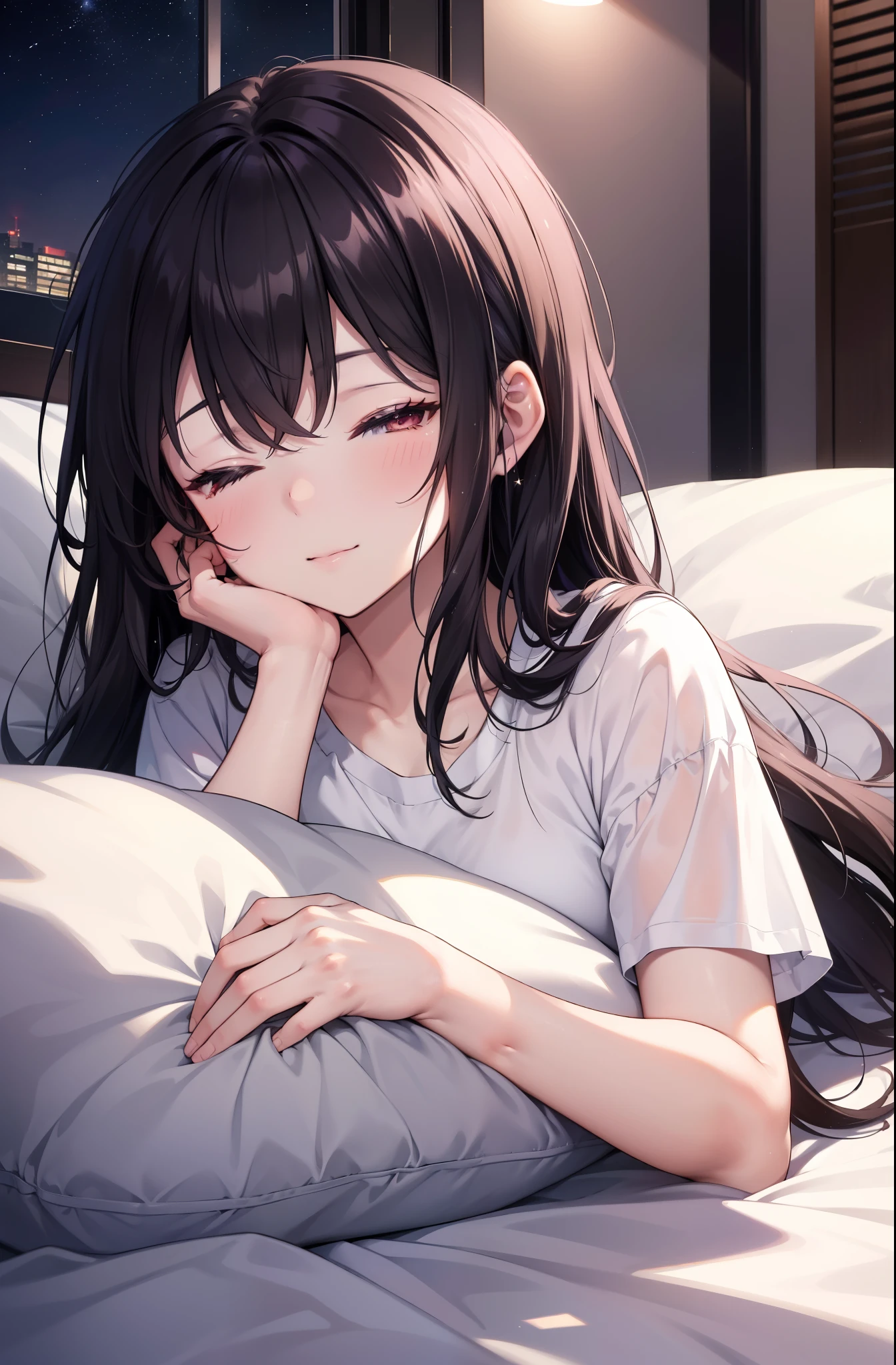 for profit, utaha kasumigaoka, black hair,  long hair, smile,windows，romantic starry sky，sleeping with both eyes closed,A meteor crosses,T-shirt,black string underwear,sleeping in bed,night,moonlight,sleep with your head on the pillow,Sleeping lying on your back in bed,dark room, barefoot　　　　　　　　　　　　　　　　　　break indoors, Bedroom, break (masterpiece:1.2), highest quality, High resolution, unity 8k wallpaper, (shape:0.8), highly detailed face, perfect lighting, Very detailed CG, (perfect hands, perfect anatomy),
break indoors,Bedroom,
break (masterpiece:1.2), highest quality, High resolution, unity 8k wallpaper, (figure:0.8), highly detailed face, perfect lighting, Very detailed CG, (perfect hands, perfect anatomy),