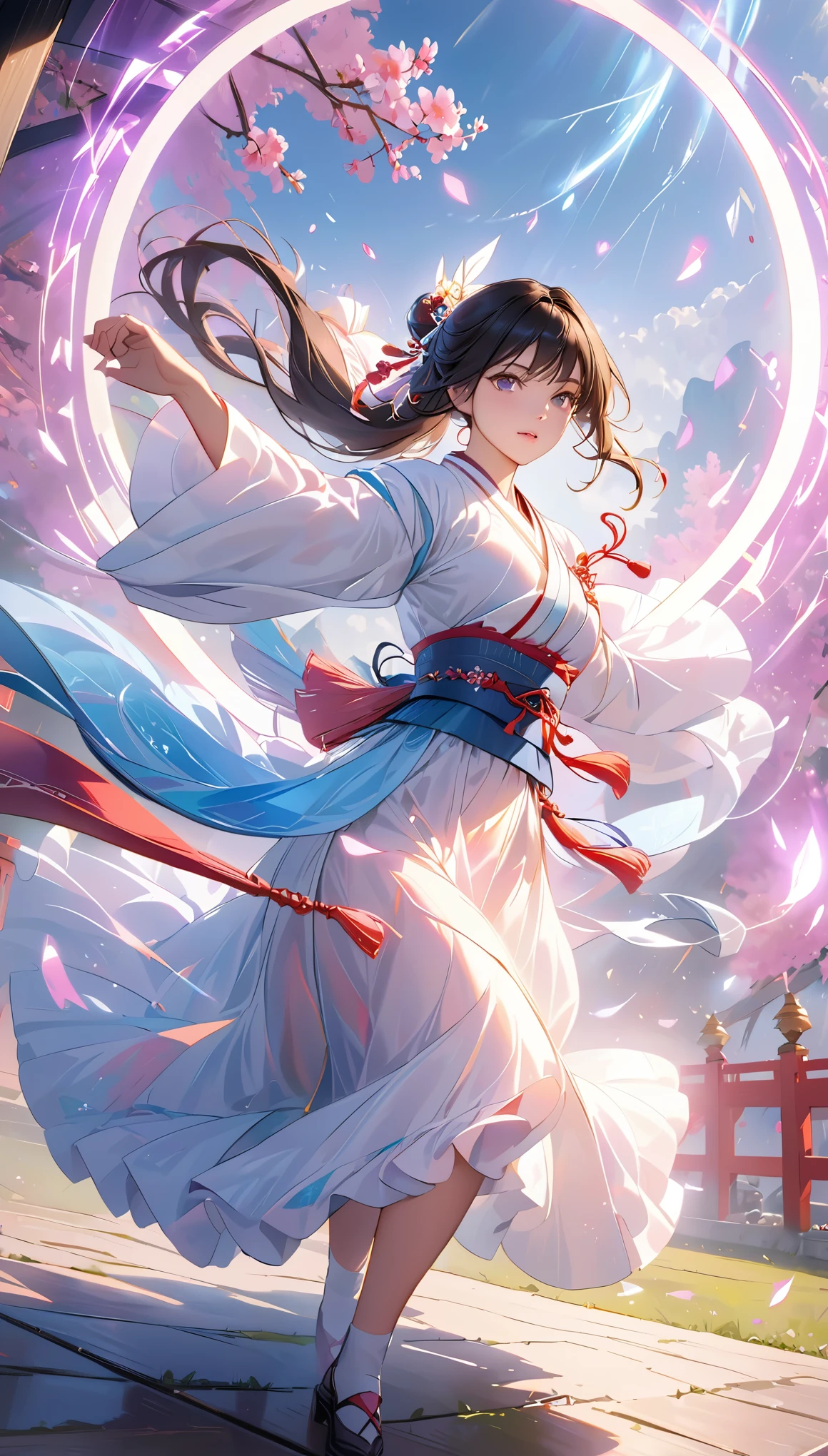 A handsome Chinese girl, sharp vision, clear facial features, Wearing Hanfu, fighting stance, martial arts moves, The body is surrounded by purple mist, Runes around, holographic reality, Holographic Halo, motion blur, Game lighting effects, Edge light, soft light, movie Edge light, delicate light, masterpiece, super detailed, epic work, ultra high definition, high quality, best quality, 32k