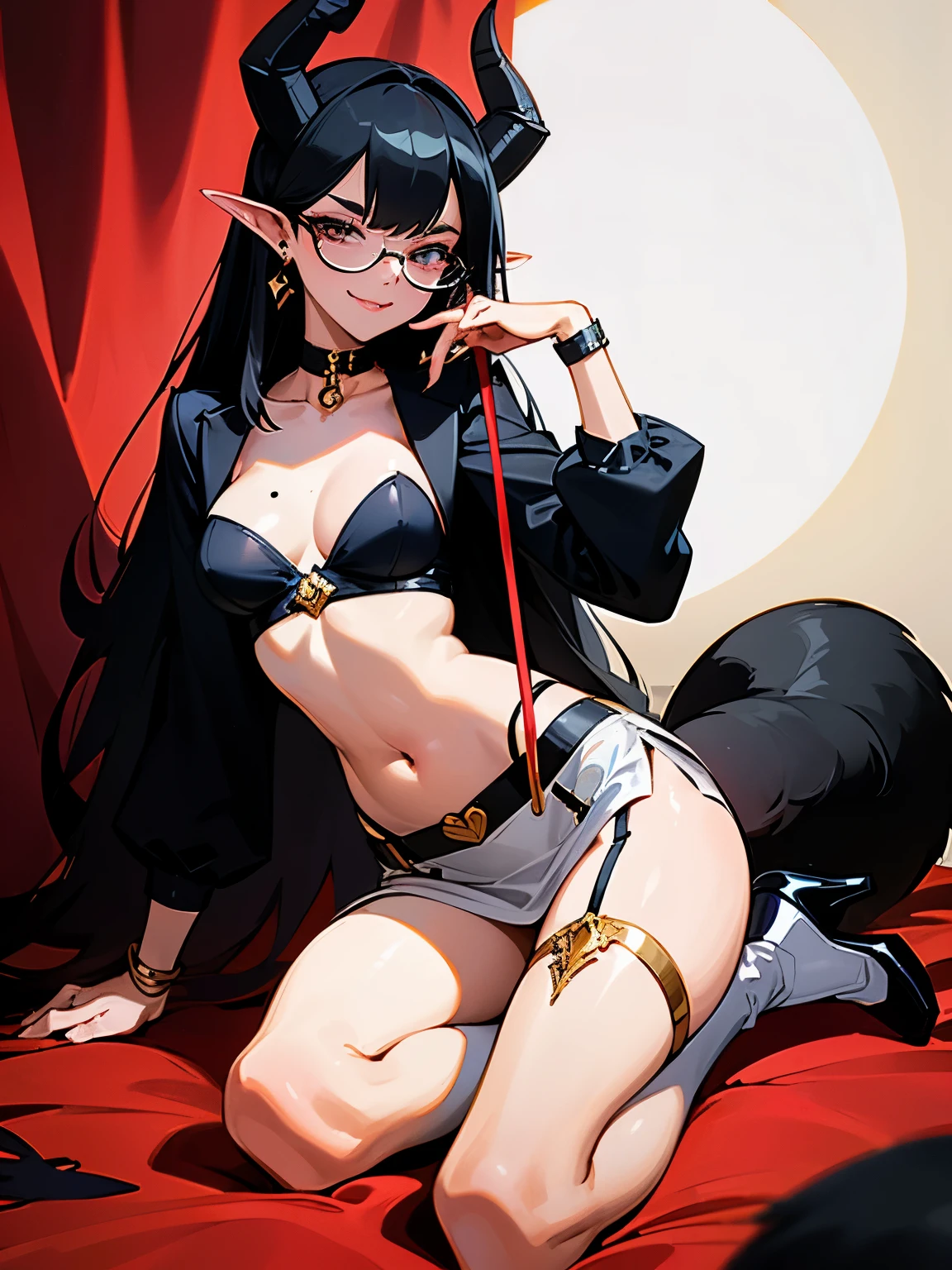 8k, masterpiece, best quality, 1girl, tiefling, warlock, black hair, long hair, glasses, earrings, mole under eye, sexy, gold and white clothes, miniskirt, garter belt, high heels, navel, white shirt, collar bone, holding whip, villainous, smirk, flirtatious, tail, fullbody view, sitting.