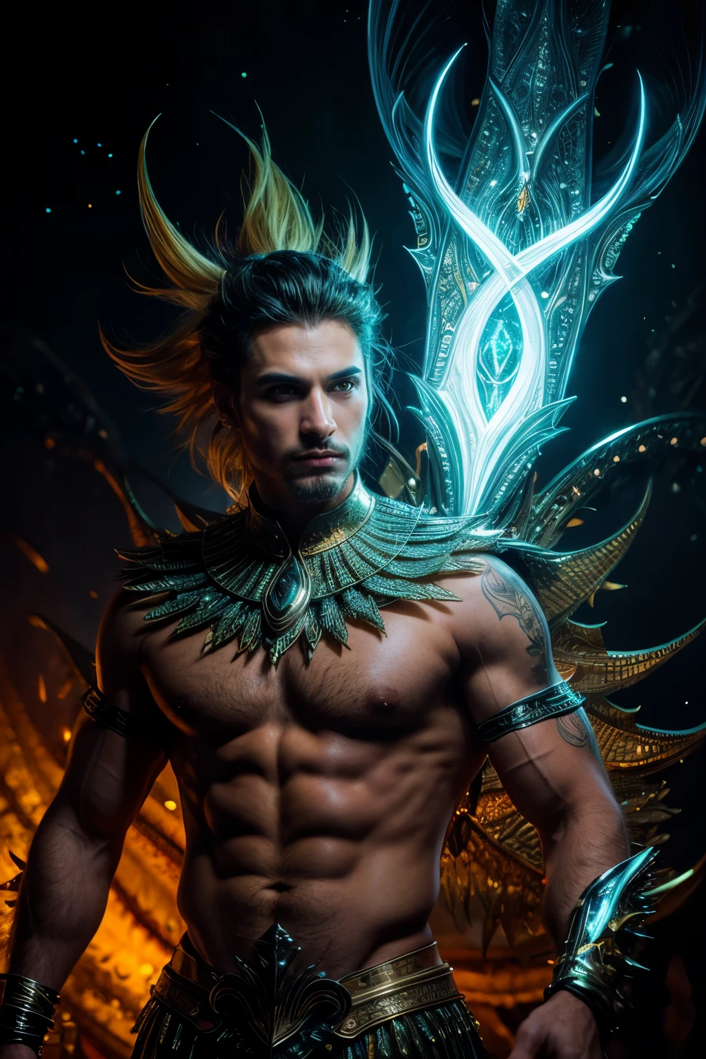 Pisces fish mans, Pisces fish in human guise Tags: Pisces fish mans, human disguise, determined expression, vibrant golden fleece, piercing eyes, chiseled features, magical glow, confident stance, ethereal atmosphere, surreal landscape, cosmic setting, otherworldly radiance, dynamic lighting, bold colors, fierce determination, mythical transformation, intricate details, supernatural strength, transcendent beauty, regal aura, powerful presence. (best quality, highres, ultra-detailed), (realistic:1.37), HDR, vibrant colors, surreal lighting