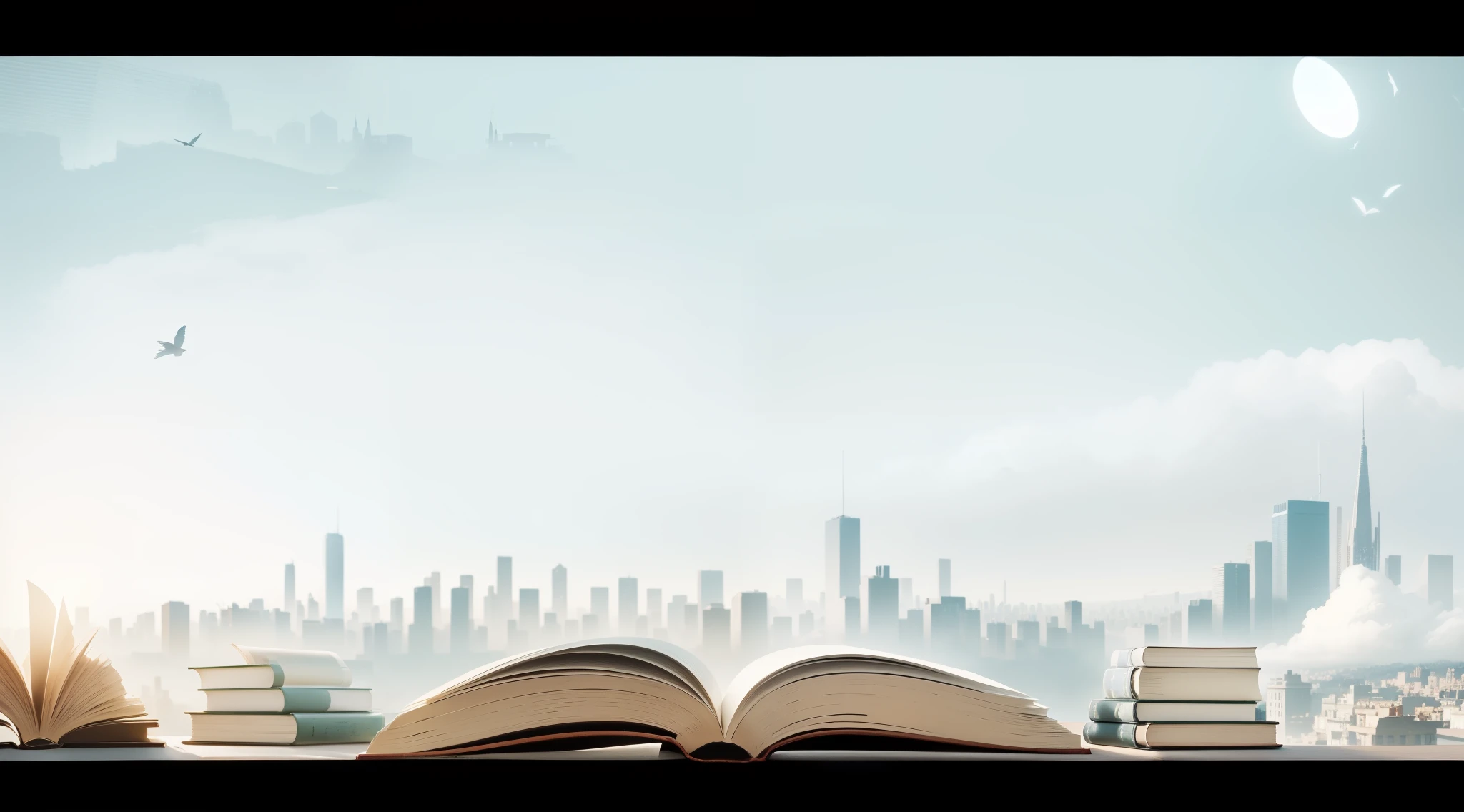 There is a book and a pile of books on the table, city background, library background, detailed book illustrations, city in background, city in background, book illustrations, storybook wide shot :: HD, city in background, with a city in background, Feishu, an open book, storybook design, full view, city View, book portrait