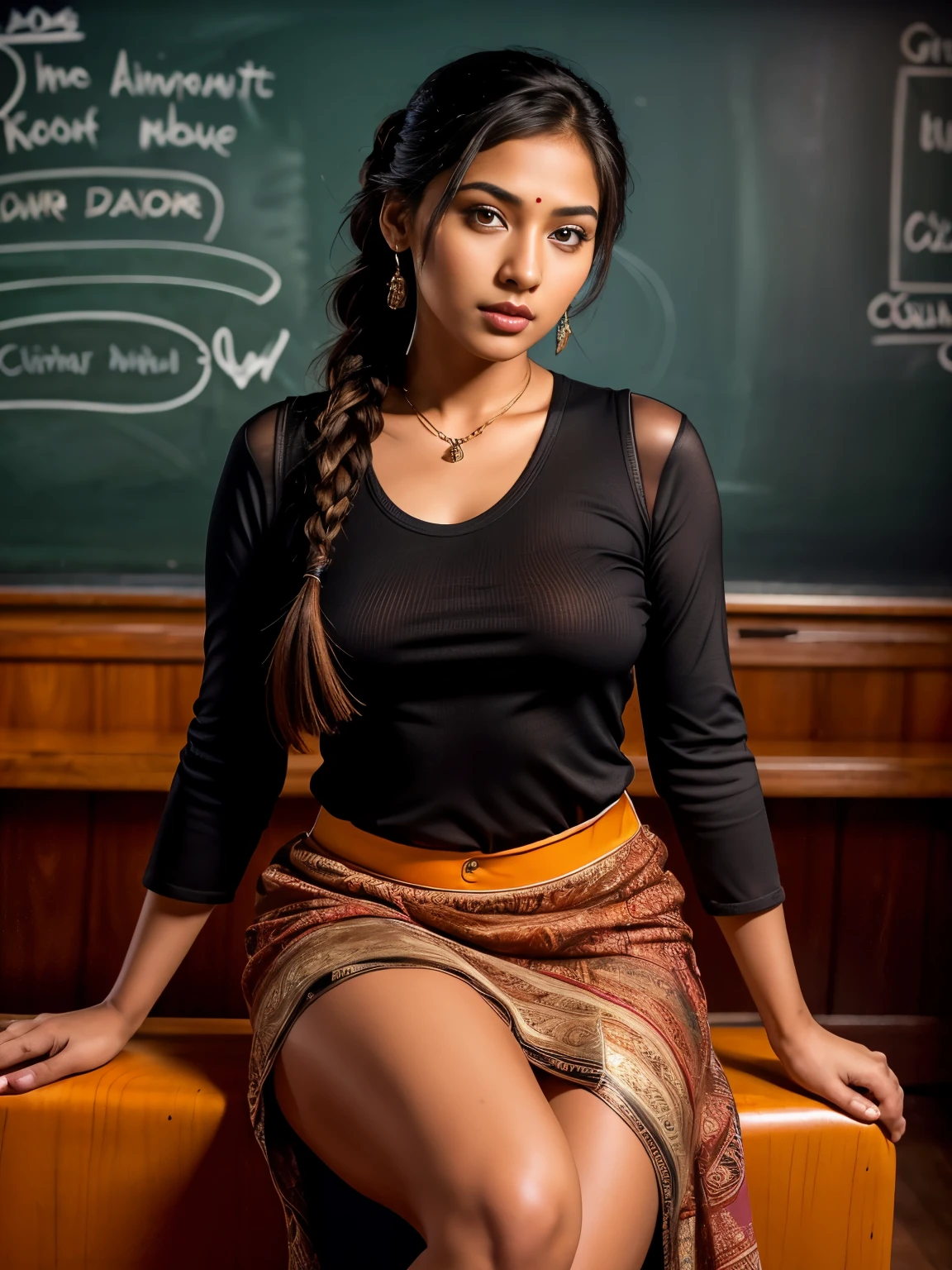 Best quality, masterpiece, Beautiful, young indian woman, teacher, college, looking straight at viewer, wearing elegant red full sleeve top and long skirt, college classroom, sitting on chair, professionalism, age, detailed face, detailed body, symmetric face, cute face, dynamic pose, perfect anatomy, holding books with hands, photorealistic, curvy body, braid hair, 8k, ultra realistic, blackboard background, ambient occlusion