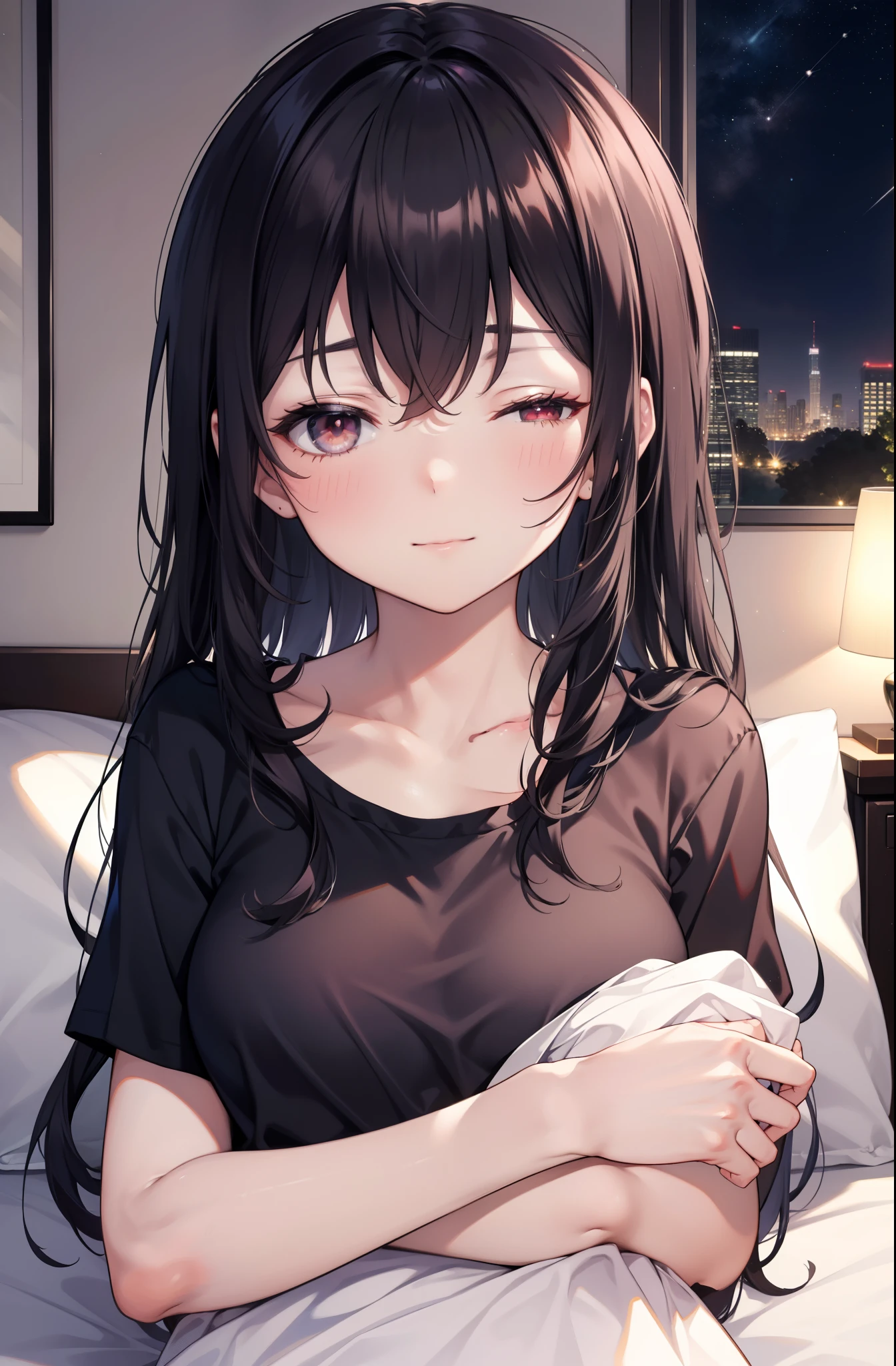 for profit, utaha kasumigaoka, black hair, long hair, smile,windows,romantic starry sky,sleeping with both eyes closed,A meteor crosses,T-shirt,black string underwear,sleeping in bed,night,moonlight,sleep with your head on the pillow,Sleeping lying on your back in bed,dark room, barefoot break indoors, Bedroom, break (masterpiece:1.2), highest quality, High resolution, unity 8k wallpaper, (shape:0.8), highly detailed face, perfect lighting, Very detailed CG, (perfect hands, perfect anatomy),
break indoors,Bedroom,
break (masterpiece:1.2), highest quality, High resolution, unity 8k wallpaper, (figure:0.8), highly detailed face, perfect lighting, Very detailed CG, (perfect hands, perfect anatomy),