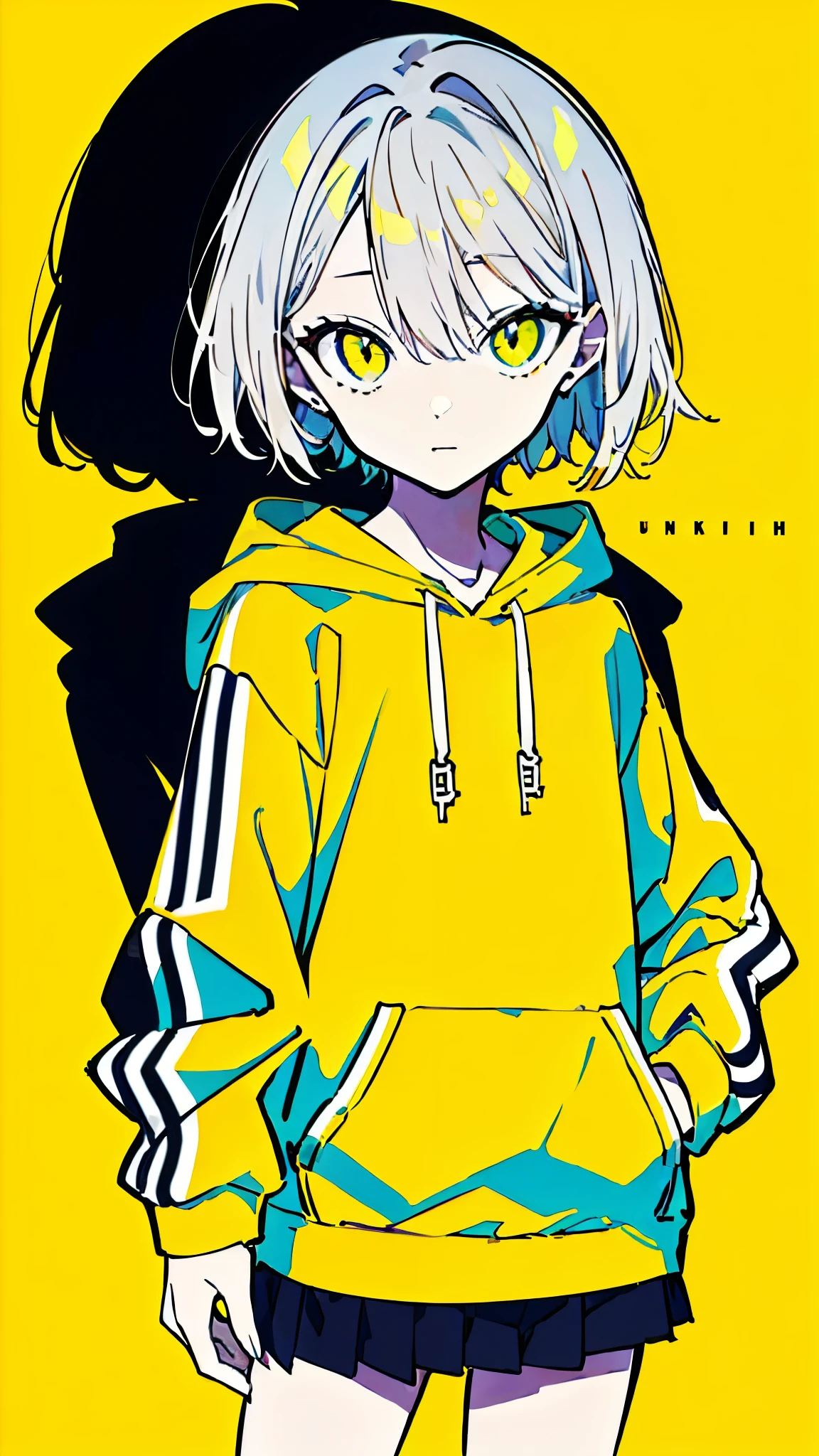 (masterpiece, highest quality:1.6), alone, thick outline, (simple background, Dark yellow background, monochrome, dark yellow theme:1.2), official art, Key Visual, 8k, confused, whole body, (unique hair, oversized hoodie, mini skirt, arch back, short torso:1.2), belly button, thighs, cowboy shot, HDR, sharp focus, High resolution, most detailed, very detailed, Super detailed, finely, detailed eyes and face, sharp pupils, realistic student, alone, alone, put one&#39;s hand in one&#39;s pocket, Contrast between yellow, light blue and yellow-green