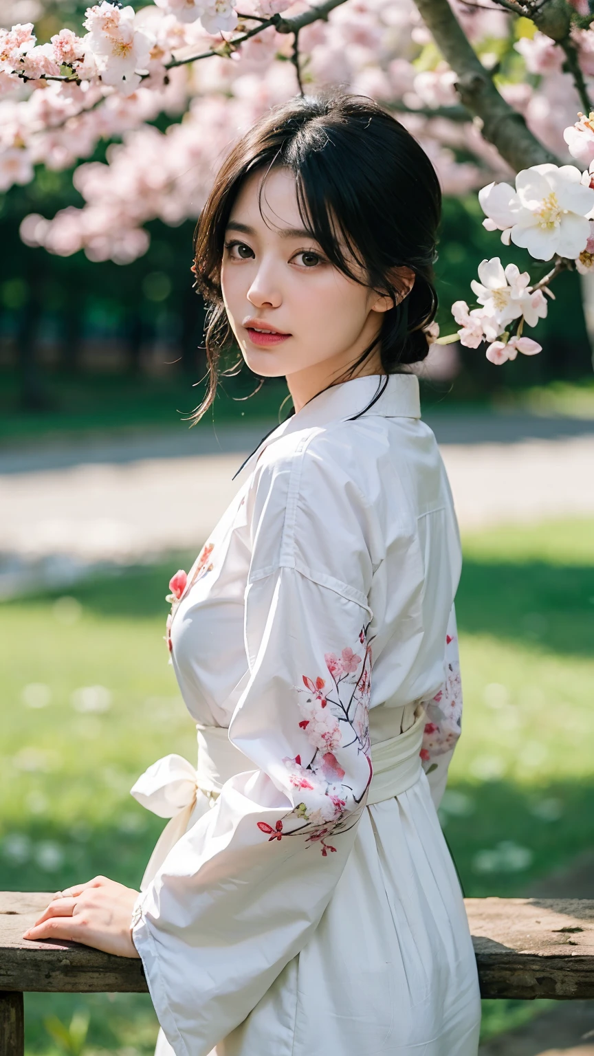 (logo、masterpiece、8k、table top、RAW photo、wonderful、最high quality、Photorealistic and hvery detailed CG integrated 8k wallpaper、high quality、very detailed、Narrative poem、particle effects、dynamic effects、written boundary depth、cinematic light、Lens flare、ray tracing)、fantasy、 (1 beautiful woman、white kimono、Japan Dress、white cherry blossom pattern、White cherry blossom embroidery pattern、black haired、beautiful face、real face、beautiful details eyes beautiful skin)、Hair flutters in Wind、hair bounces、pink cherry tree、petals dance、SakuraFubuki、wonderful景色、sunrise、sun on background、Wind、god々、teeth、god話、vast land、