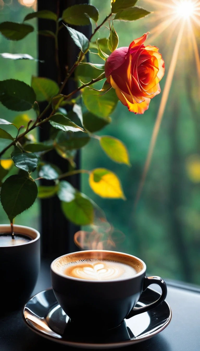 A beam of light shines into the window through the gap in the tree,Light is scattered by suspended particles。Create an obviously strong Tyndall effect, light and space, rays of light, 窗內there is a a cup of coffee on a saucer with a flower in the background, (( Black matte ceramic coffee cup:1.7)), photos taken, Pixel, romanticism, morning coffee, morning time, a cup of coffee, coffee smell, nice images, Between coffee and flat roses, bokeh background.morning mood, soft morning light, spring morning, Good morning