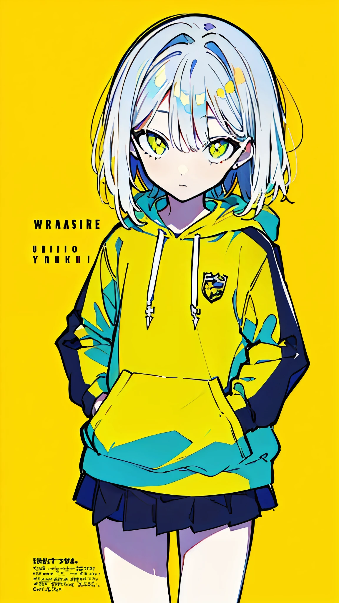 (masterpiece, highest quality:1.6), alone, thick outline, (simple background, Dark yellow background, monochrome, dark yellow theme:1.2), official art, Key Visual, 8k, confused, whole body, (unique hair, oversized hoodie, mini skirt, cheerleader, arch back, short torso, solo:1.2), belly button, thighs, cowboy shot, HDR, sharp focus, High resolution, most detailed, very detailed, Super detailed, finely, detailed eyes and face, sharp pupils, realistic student, alone, alone, put one's hand in one's pocket, Contrast between yellow, light blue and yellow-green