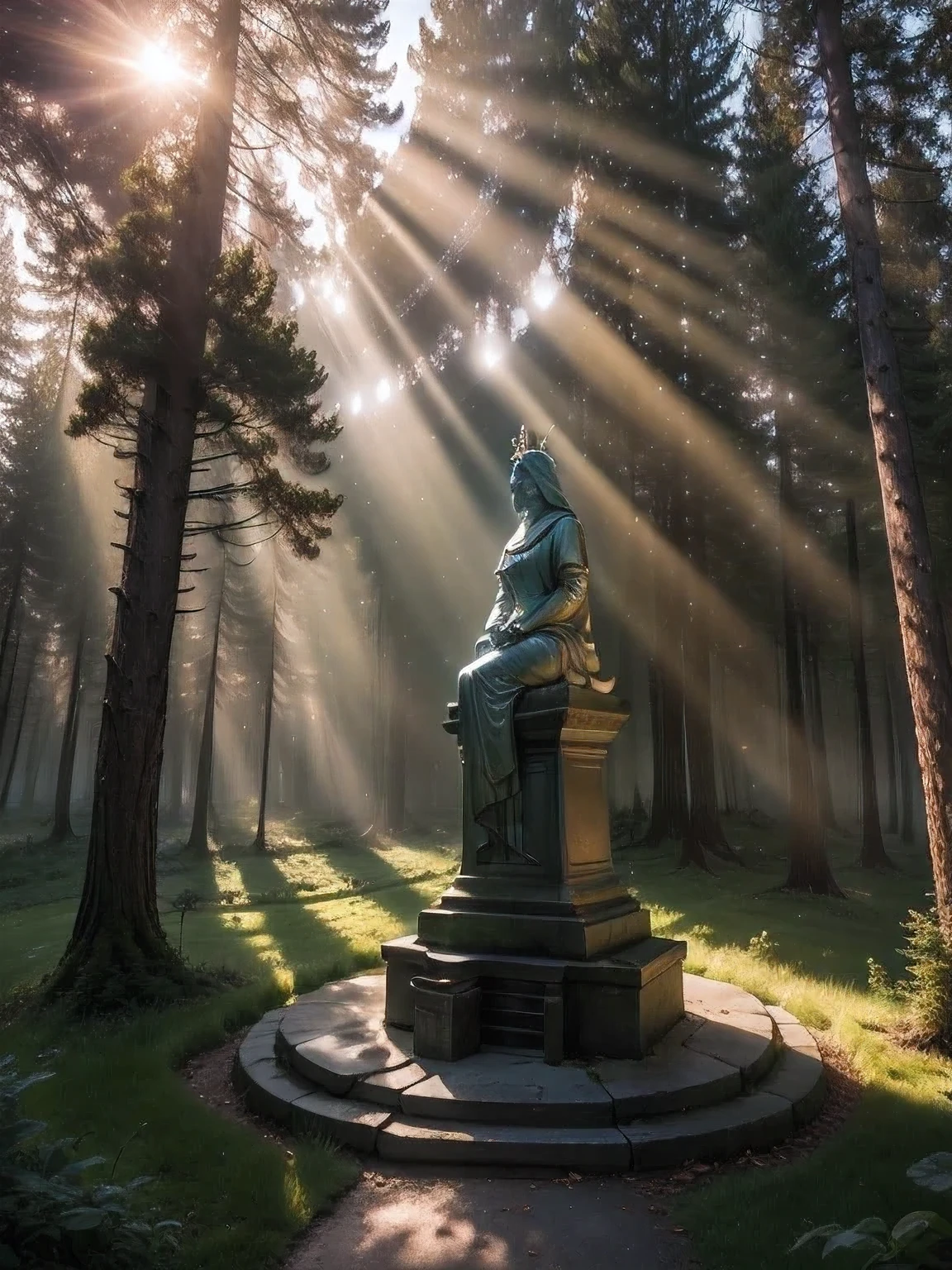 （（Tyndall effect）），SunLight passes through trees in the forest，(tyndal effect), fantasy, light shining through, sun rays, medieval kneeling knight in front of the goddess's monument,bowed head in prayer, rays of light illuminate the monument, tyndal effect, rays break through the crowns of trees and leaves, beautiful rays visible, forest, realistic photo, raw photo, 8k  , an immersive background of the forest and a beautiful statue of the goddess