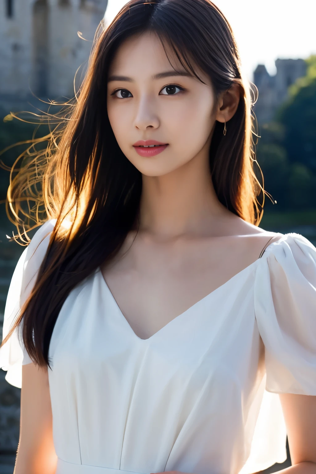 1 girl, (wearing a white dress:1.2), (RAW photo, highest quality), (realistic, Photoreal:1.4), very delicate and beautiful, very detailed, 2k wallpaper, wonderful, finely, very detailed CG Unity 8K 壁紙, Super detailed, High resolution, soft light, beautiful detailed girl, very detailed目と顔, beautifully detailed nose, finelyて美しい目, cinematic lighting, (castles of the loire:1.3), , perfect anatomy, slender body,
straight semi-long hair, looking at the viewer, slight smile