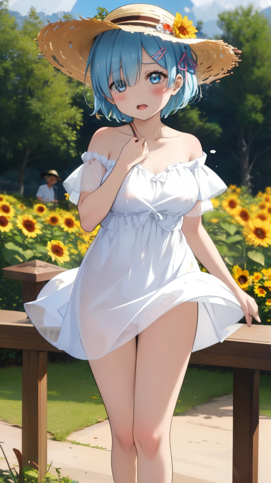 Re:Zero's Rem、light blue hair、short hair、table top、High resolution、big and full breasts、naughty body、See-through、throw、、whole body、Are standing、confused face、blush、embarrassing、I'm panicking、Clearly visible female genital shape、I can see your nipples、white skirt、micro mini skirt、very short skirt、very big breasts、bare chest、show your chest、Upper grade、A lot of milk comes out from the nipples、Breast milk gushes from the nipple、show your chest、bare chest、straw hat、white dress、sunflower field、bangs that cover one eye、pink hairpin、white sandals、off shoulder dress