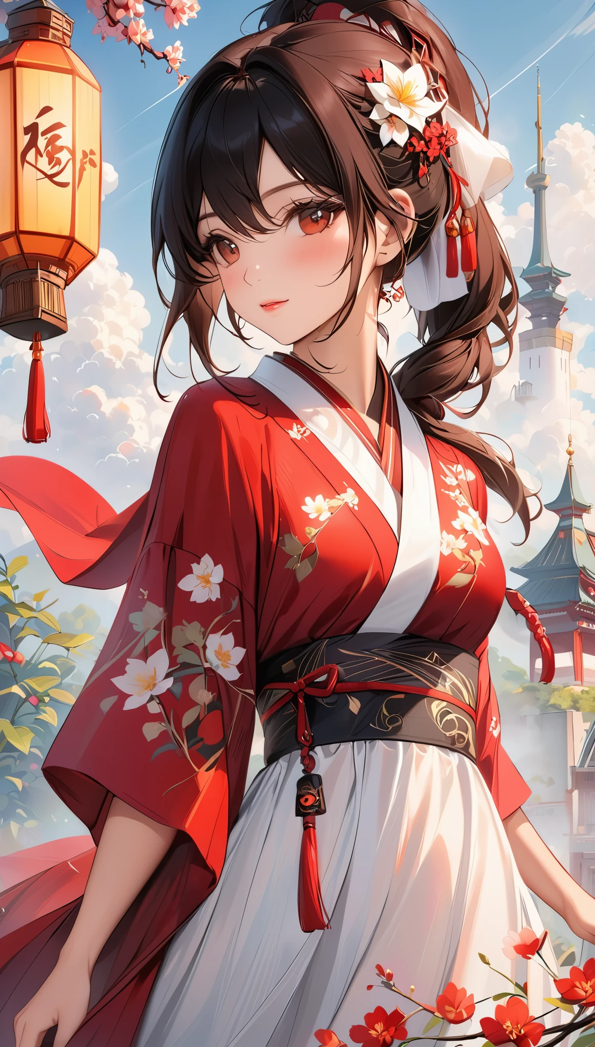 (best quality, poster style), a beautiful woman with (a red eye:1.2),(Meaningful Chinese character writing:1.1), combine elements perfectly.
