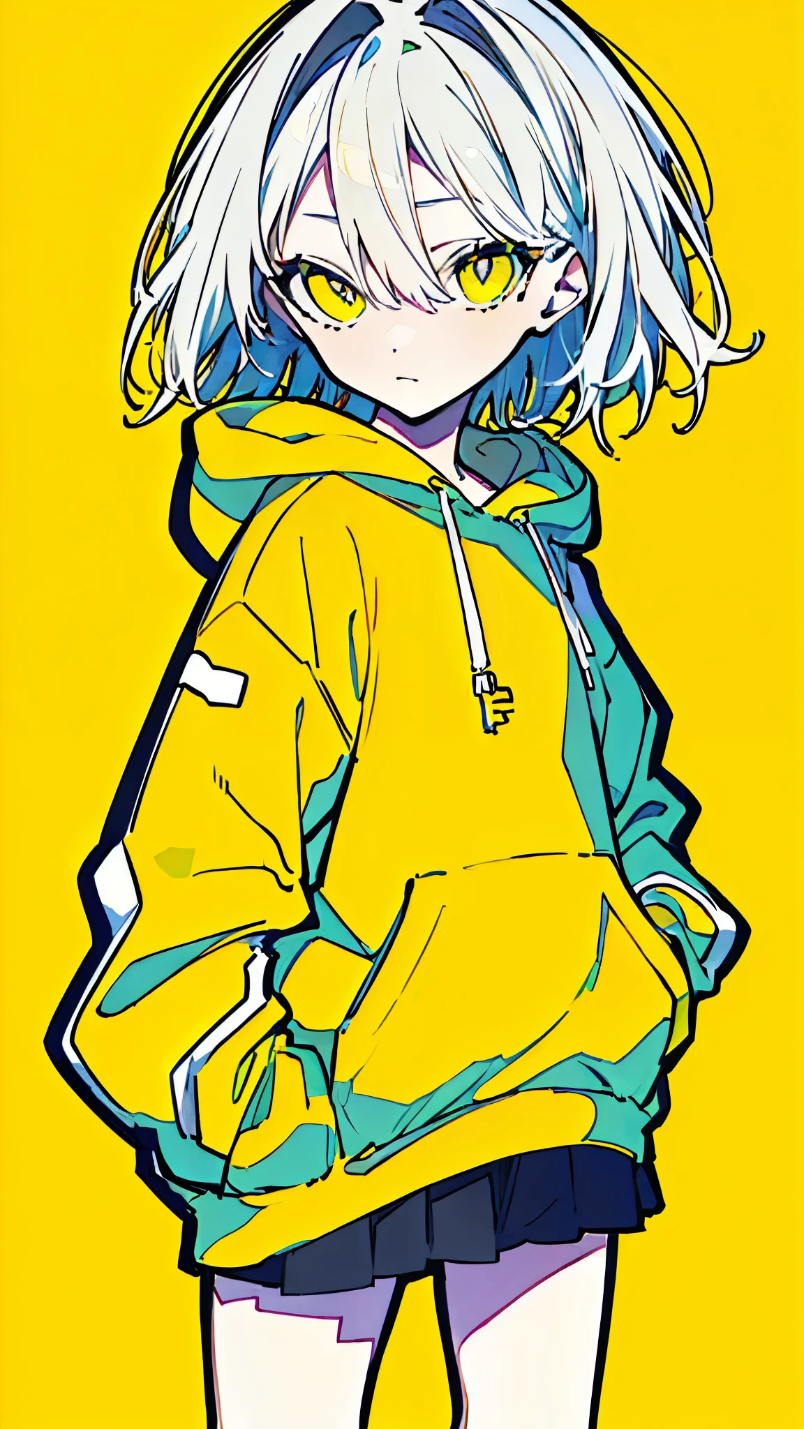 (masterpiece, highest quality:1.6), alone, thick outline, (simple background, light yellow background, monochrome, Bright yellow theme:1.2), official art, Key Visual, 8k, confused, whole body, (unique hair, oversized hoodie, mini skirt, arch back, short torso:1.2), belly button, thighs, cowboy shot, HDR, sharp focus, High resolution, most detailed, very detailed, Super detailed, finely, detailed eyes and face, sharp pupils, realistic student, alone, alone, put one's hand in one's pocket, yellow and green contrast