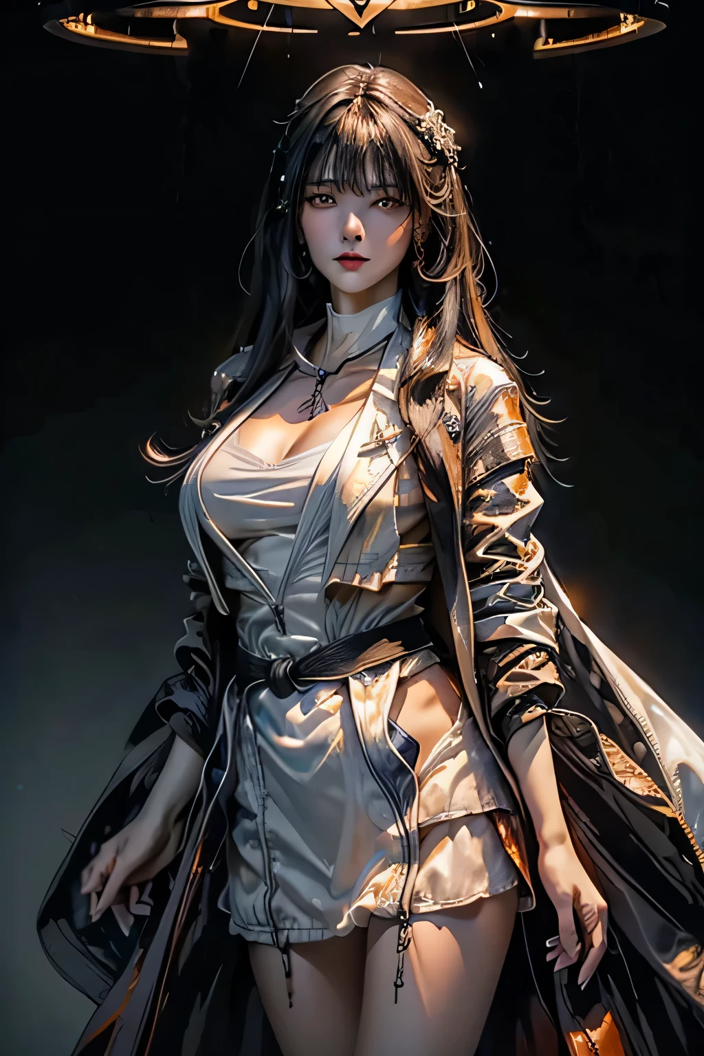 c.c., No expression, , (masterpiece, highest quality, Super detailed, best shadow, volume lighting), (beautiful and detailed face, thin and beautiful eyes), (best illumination),, orange eyes, very long hair, (white straitjacket:1.4), Black belt, , (cowboy shot:1.3), Intense angles,, MKSKS style, beautiful background, professional lighting, warm colored landscape,