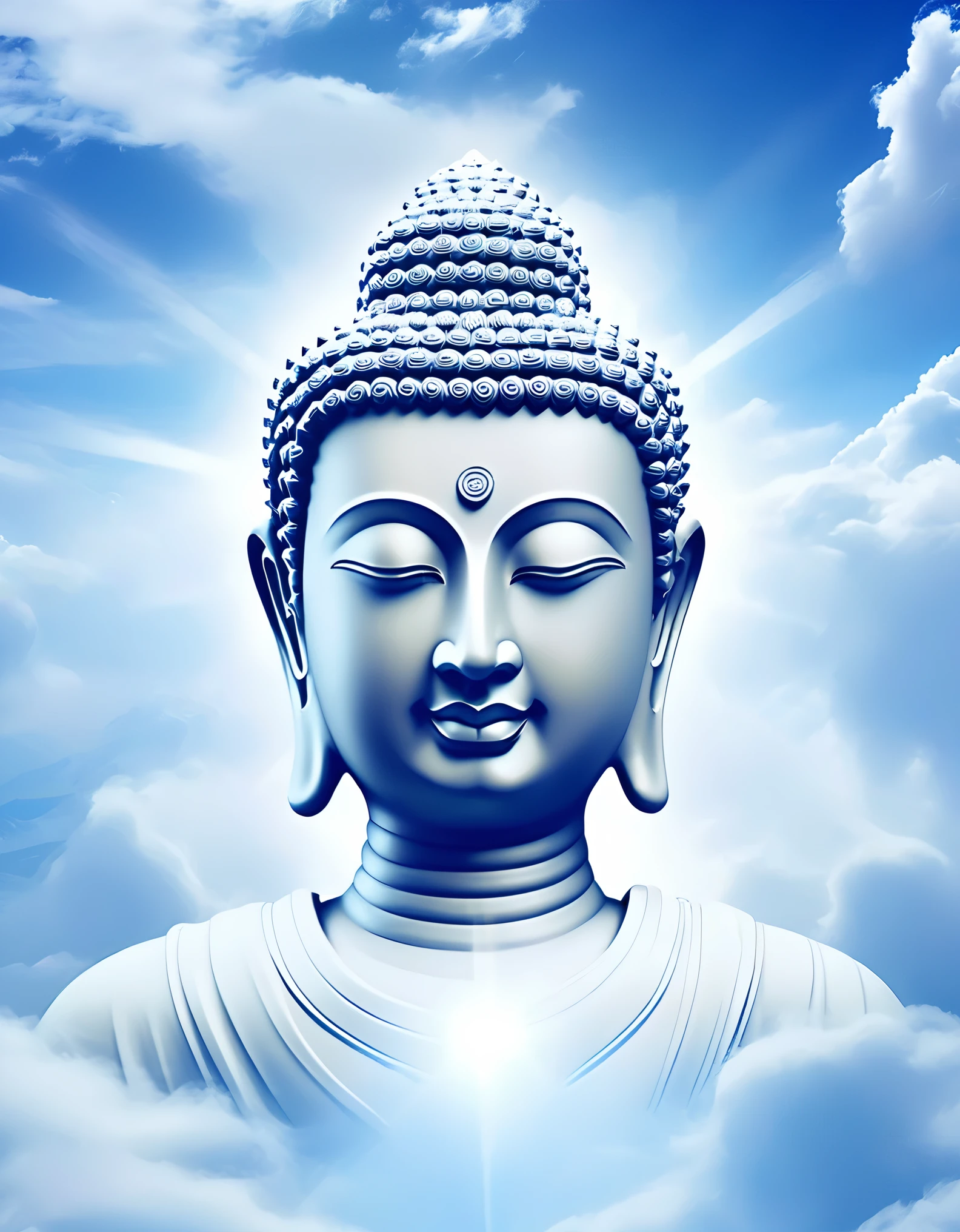 Dingdal phenomenon, divine light shining through thick clouds illuminating the minimalist and beautiful Buddha head portrait, with many beams of light, clouds, mist, reflections, professional, white Zen minimalist aesthetics, partial reflections, desktop wallpaper, ultra-high definition photography, beautiful details, Sony lens, divine light,