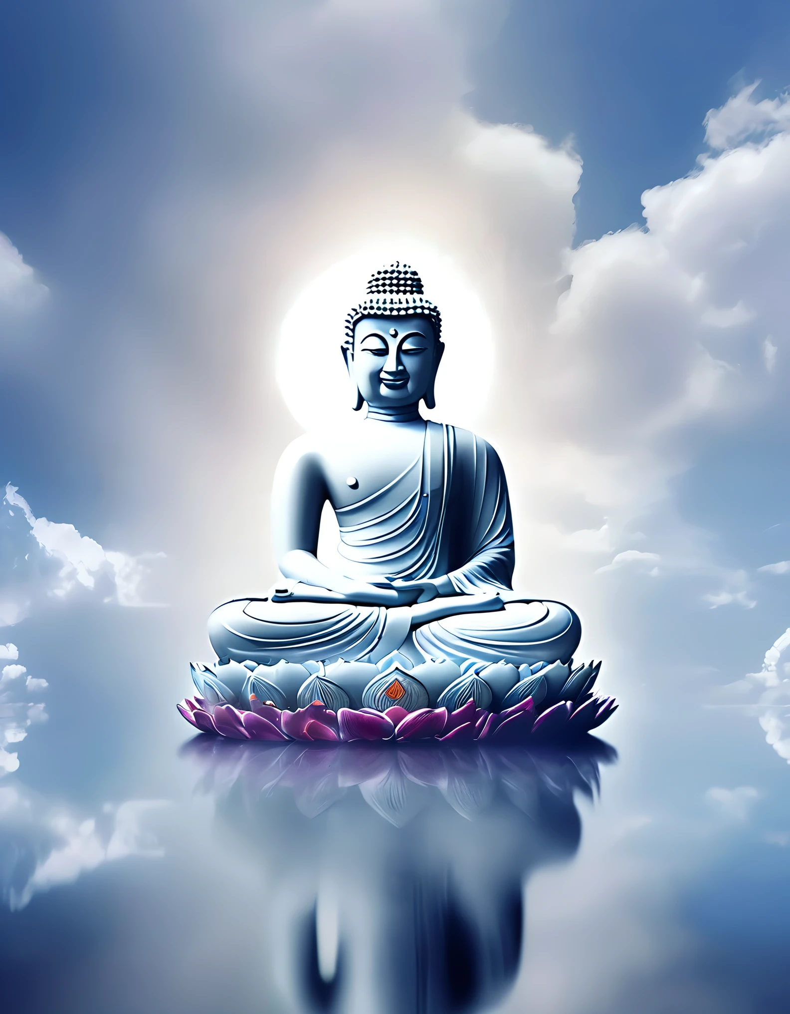Dingdal phenomenon, divine light shining through thick clouds illuminating the minimalist and beautiful Buddha head portrait, with many beams of light, clouds, mist, reflections, professional, white Zen minimalist aesthetics, partial reflections, desktop wallpaper, ultra-high definition photography, beautiful details, Sony lens, divine light,